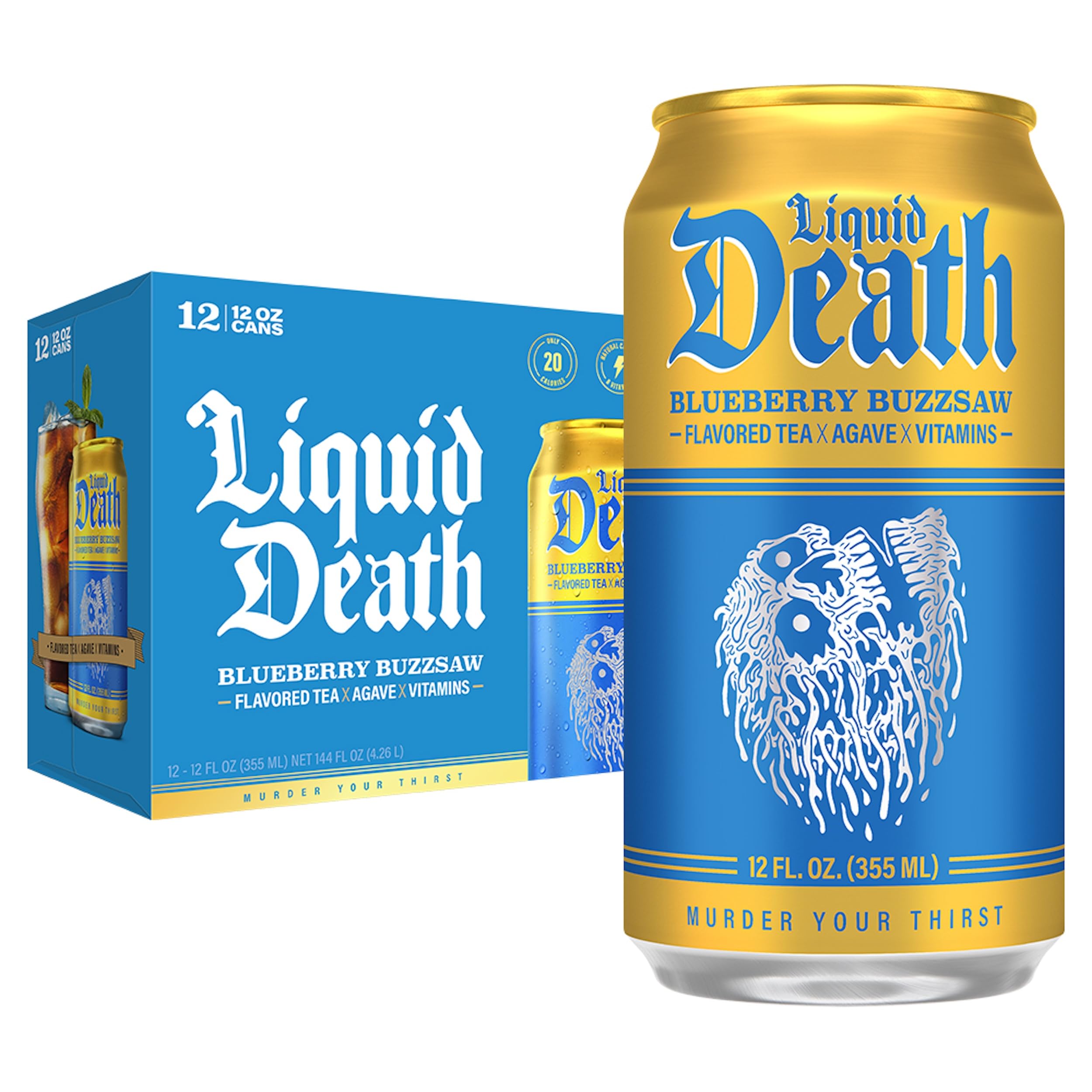 Liquid Death Blueberry Buzzsaw front can showing blueberry flavor and caffeine boost