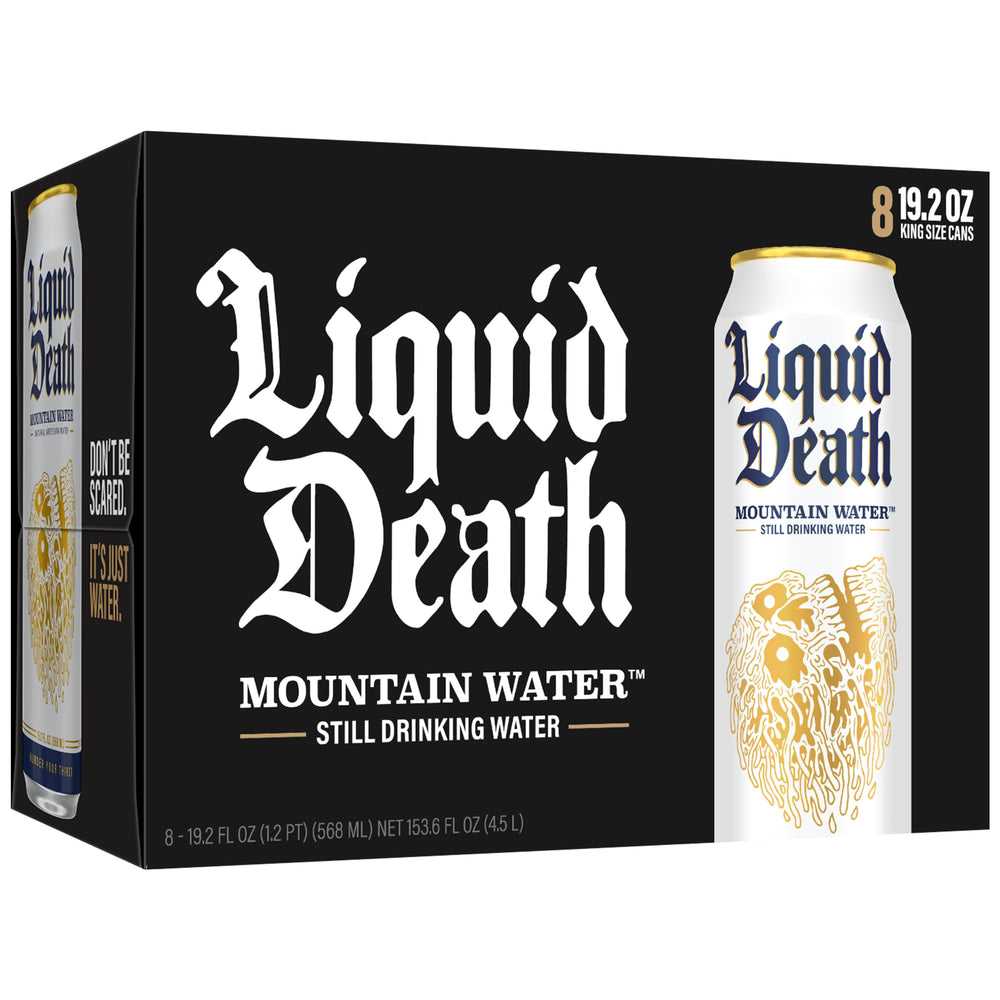Liquid Death close-up of can texture and logo highlighting premium feel