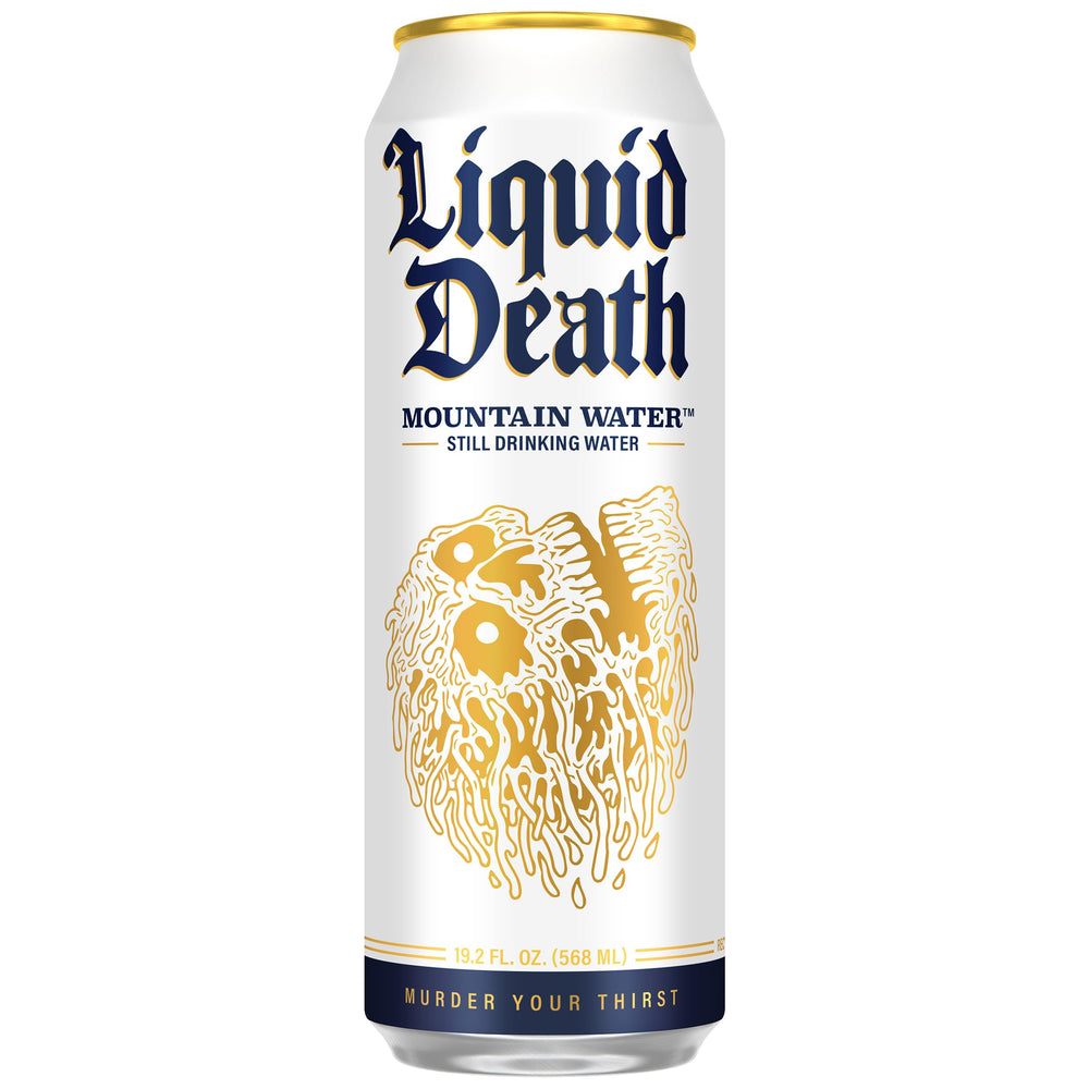 Liquid Death close-up of can surface and label showing premium finish