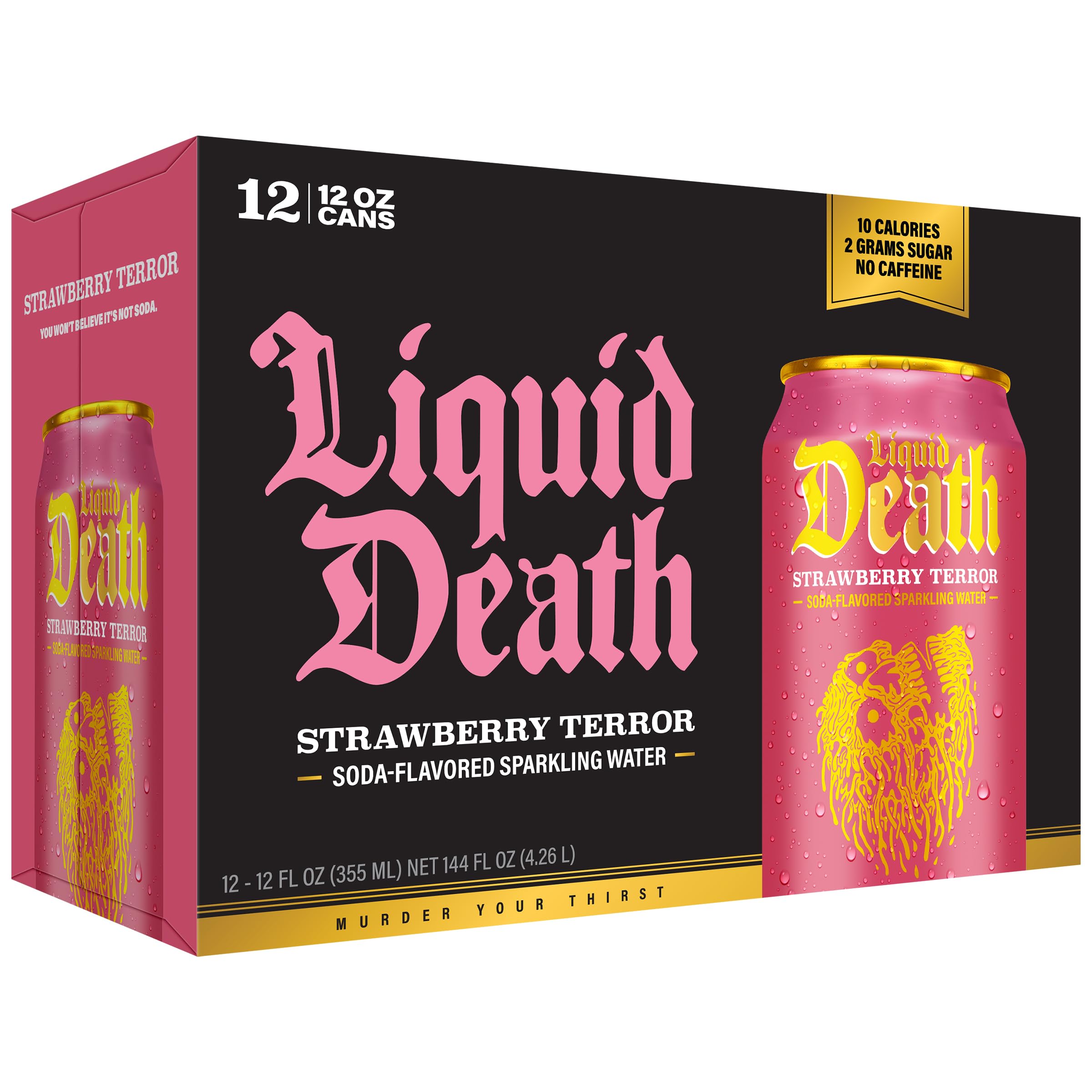Liquid Death can macro label detail, premium aesthetics and eco-friendly messaging.