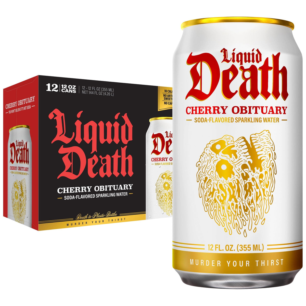Liquid Death Cherry Obituary can-front showing bold flavor and low sugar