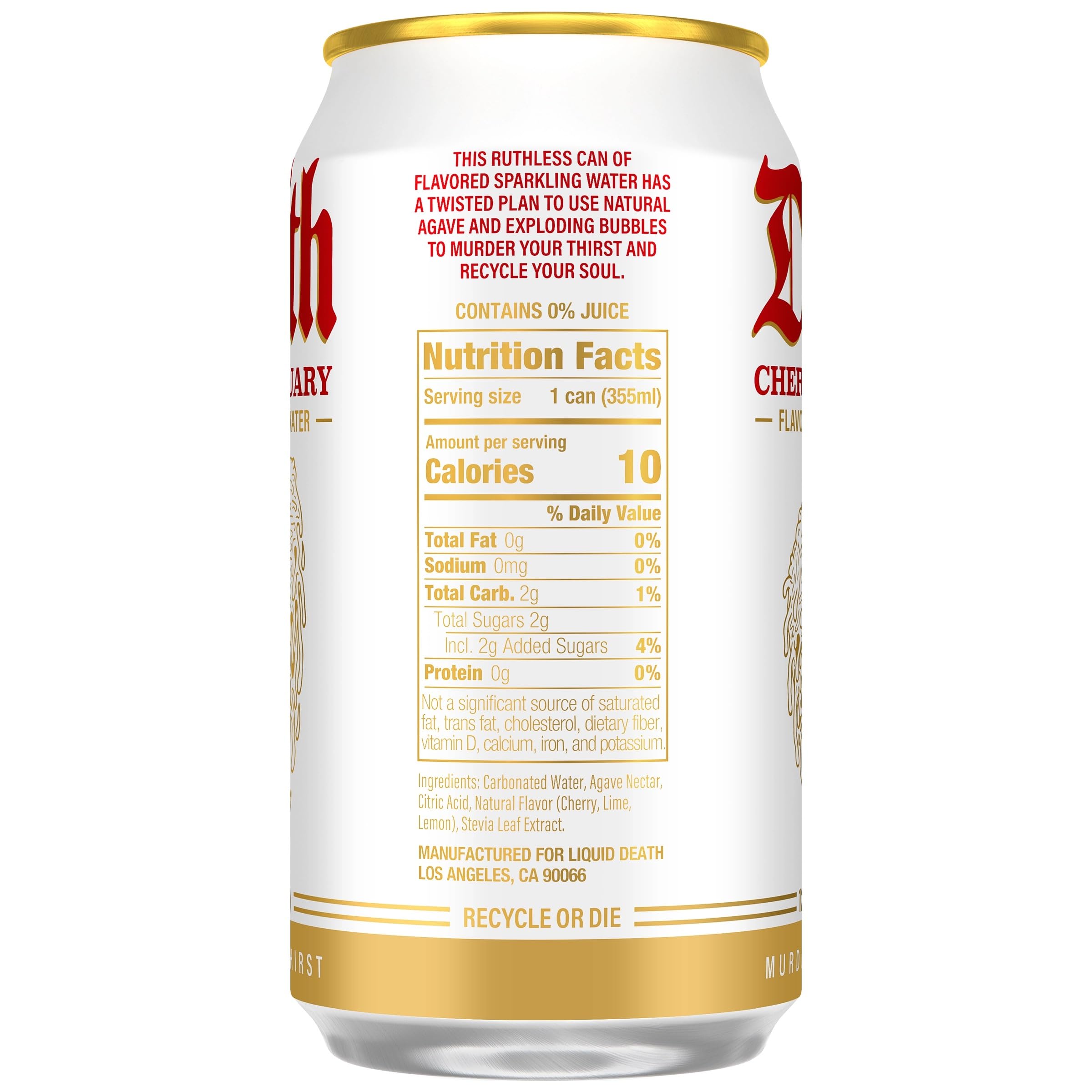 Liquid Death Cherry Obituary can-pour revealing fizzy cherry taste with no caffeine