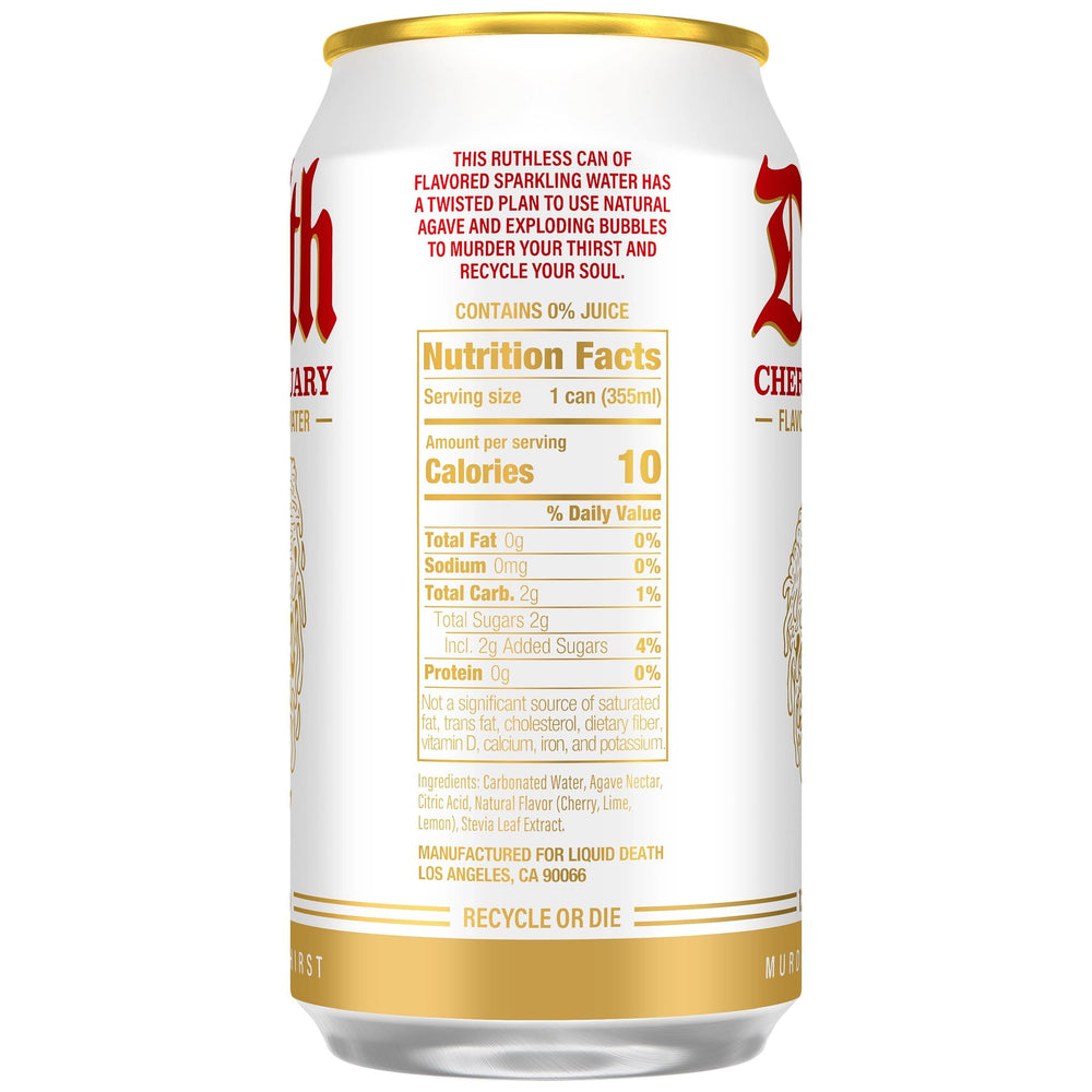 Liquid Death Cherry Obituary can-pour revealing fizzy cherry taste with no caffeine