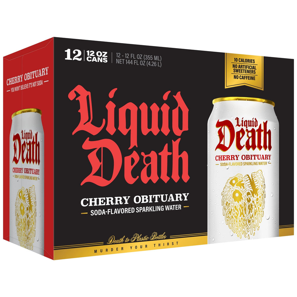 Liquid Death Cherry Obituary glass with ice suggesting premium refreshment
