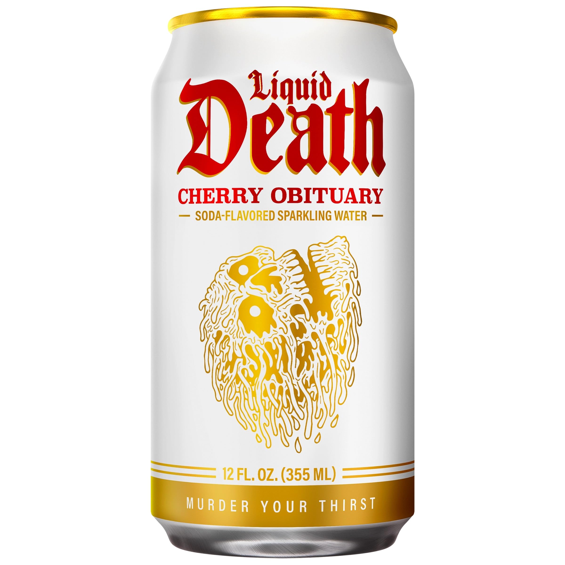 Liquid Death Cherry Obituary label closeup highlighting recyclable cans and bold branding