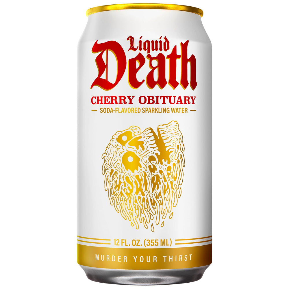 Liquid Death Cherry Obituary label closeup highlighting recyclable cans and bold branding