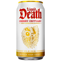 Liquid Death Cherry Obituary label closeup highlighting recyclable cans and bold branding