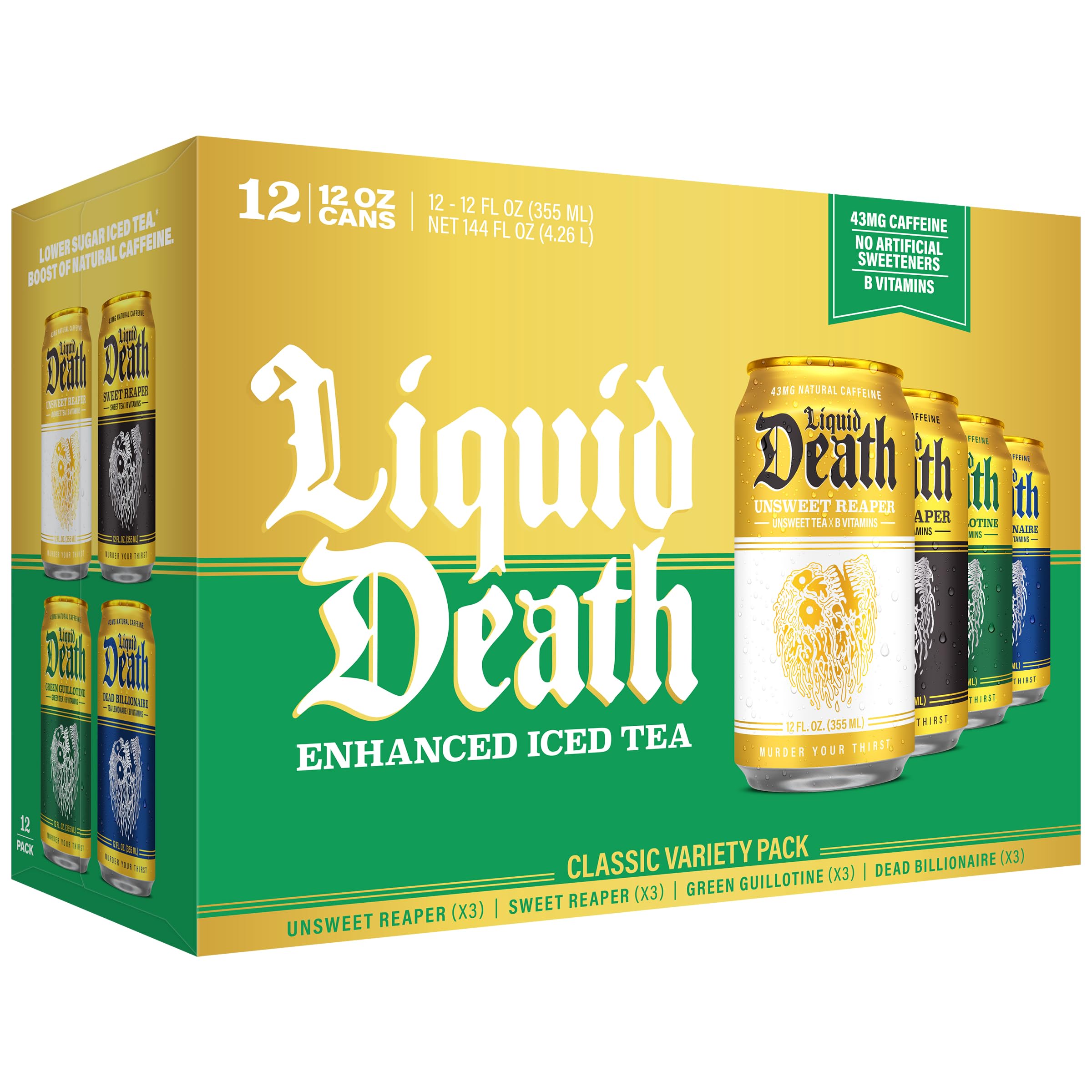 Liquid Death classic variety front packaging showing four flavors and low sugar