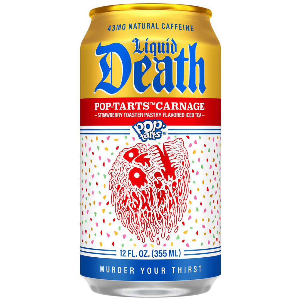Liquid Death close-up tea pour texture showcasing bold black tea clarity