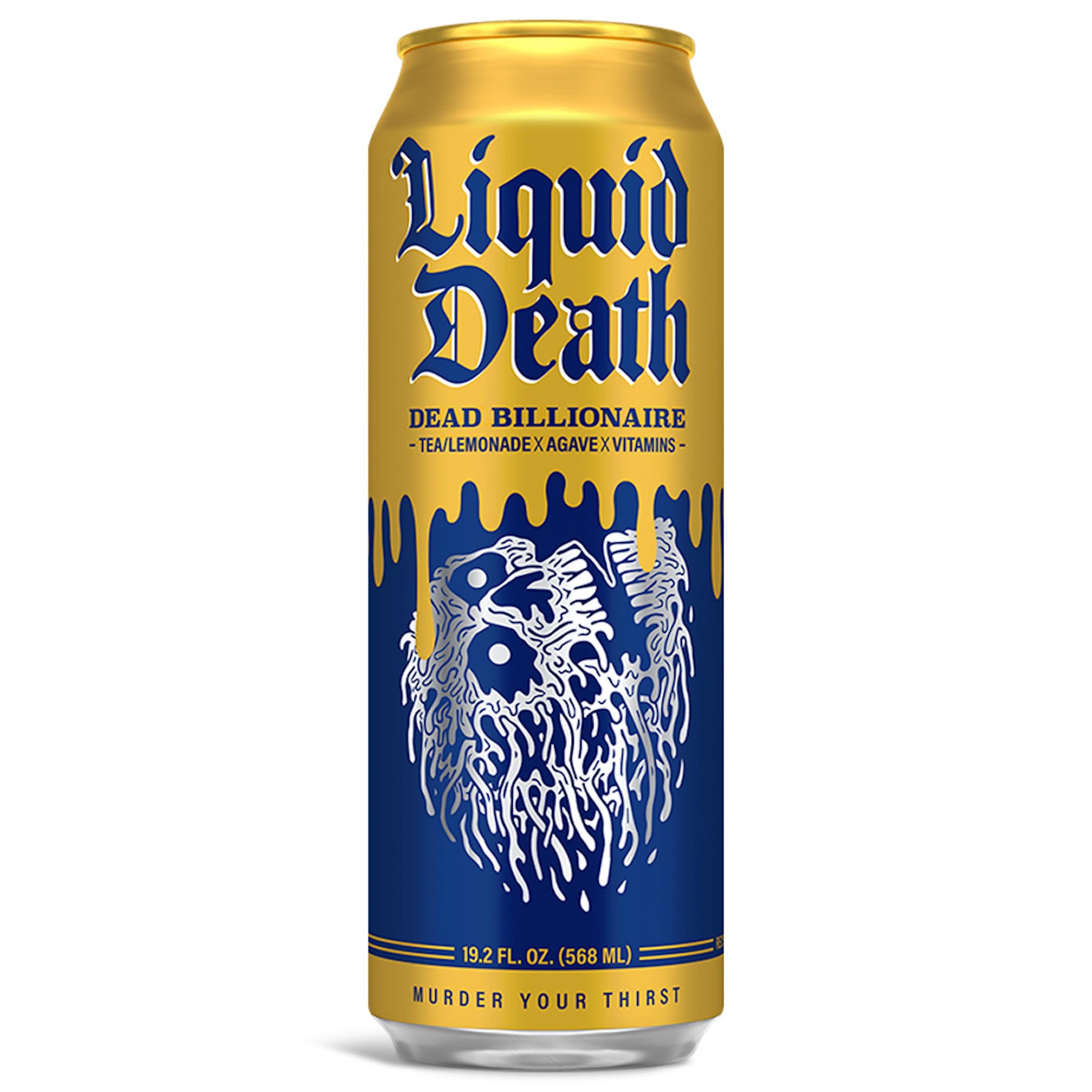 Liquid Death Dead Billionaire close-up label highlighting half lemonade half black tea blend benefit
