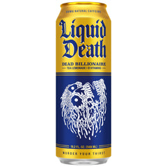 Liquid Death Dead Billionaire close-up label highlighting ingredients and low-sugar benefit