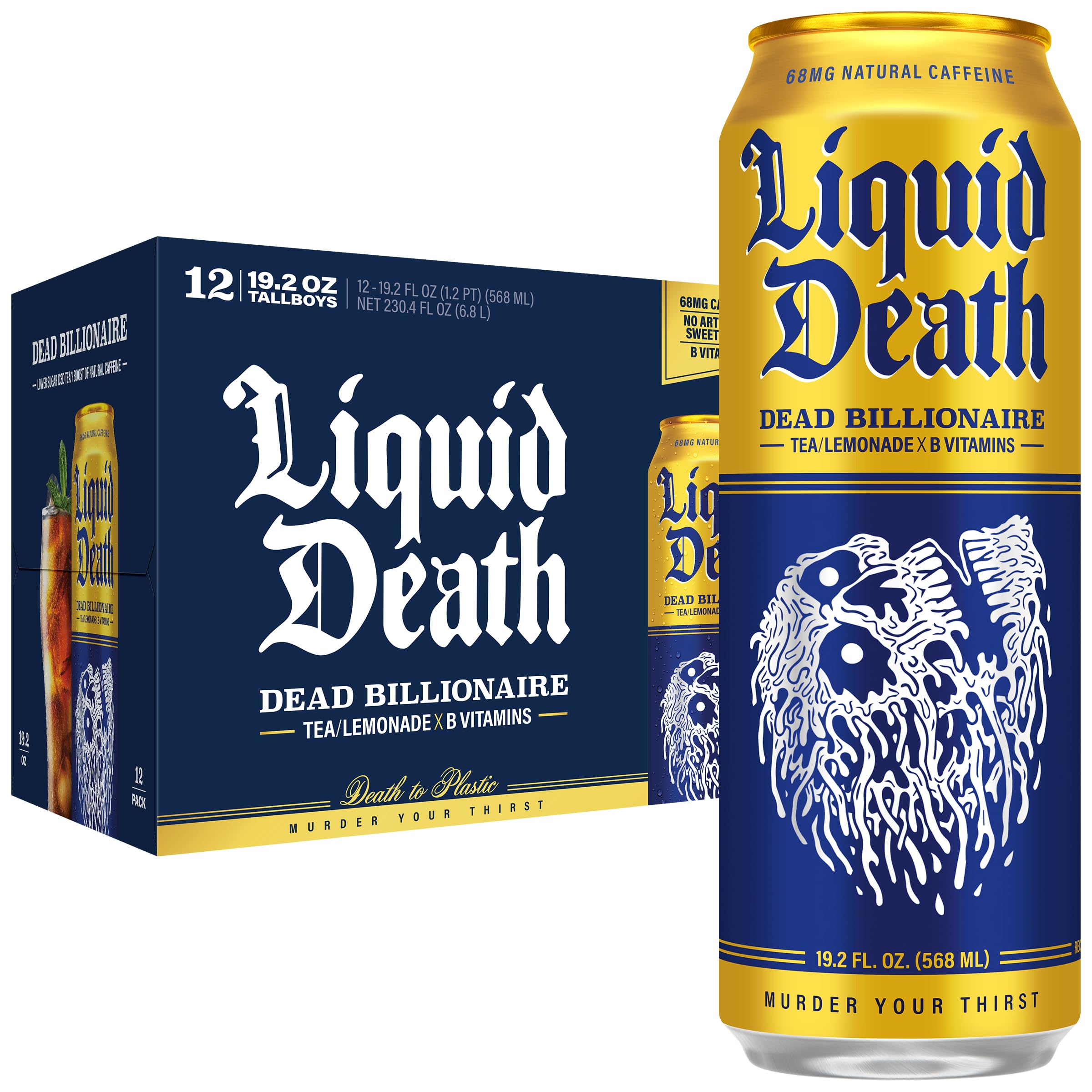 Liquid Death Dead Billionaire front can showing bold black tea and lemon branding, clear refreshment