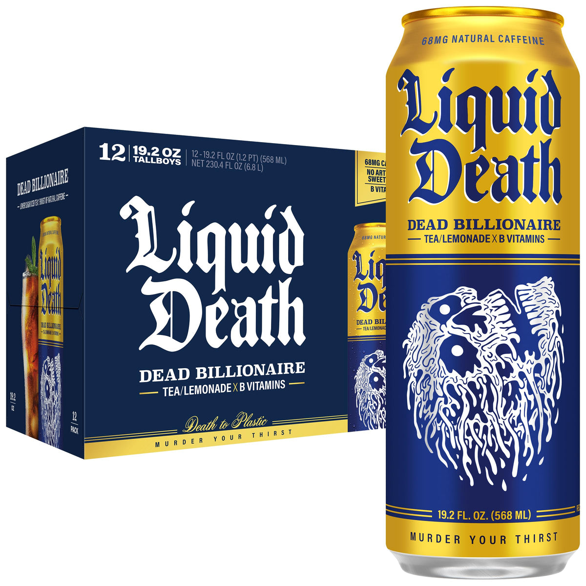 Liquid Death Dead Billionaire front can showing bold black tea and lemon branding, clear refreshment