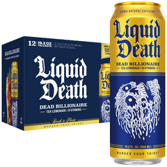 Liquid Death Dead Billionaire front can showing bold black tea and lemon branding, clear refreshment