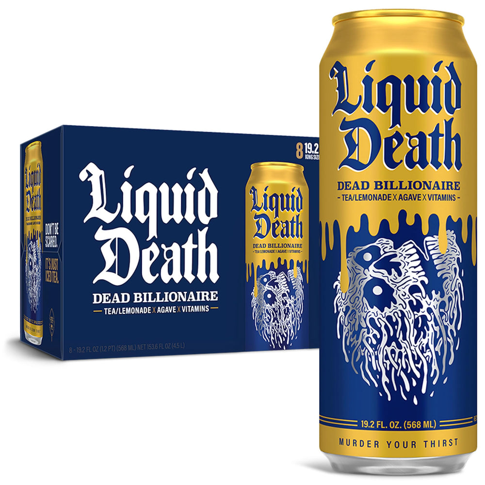 Liquid Death Dead Billionaire front packaging showing bold can art and low-calorie benefit