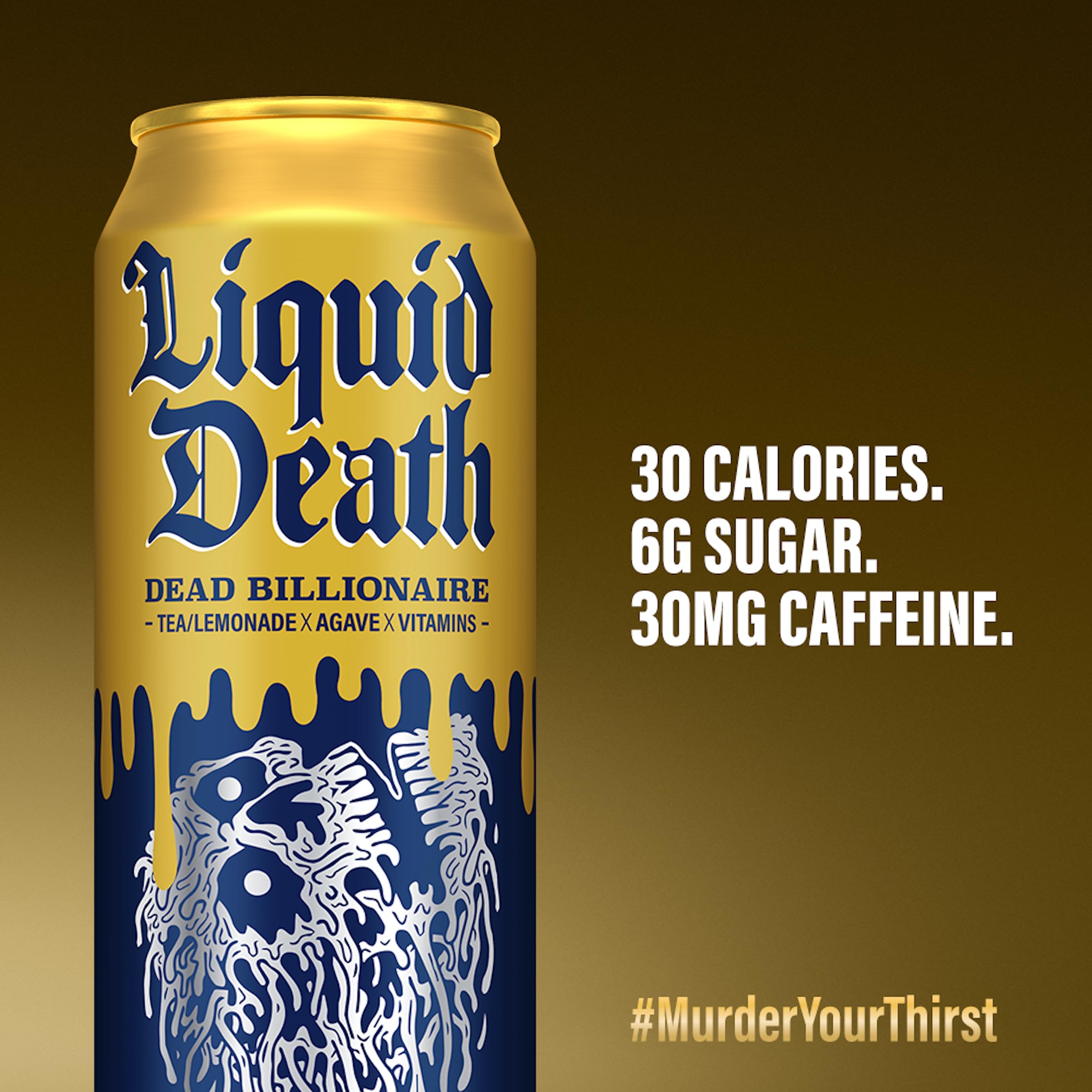Liquid Death Dead Billionaire can with ice and condensation emphasizing cold-refreshment benefit