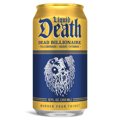 Liquid Death Dead Billionaire iced tea can close-up showing texture and label detail