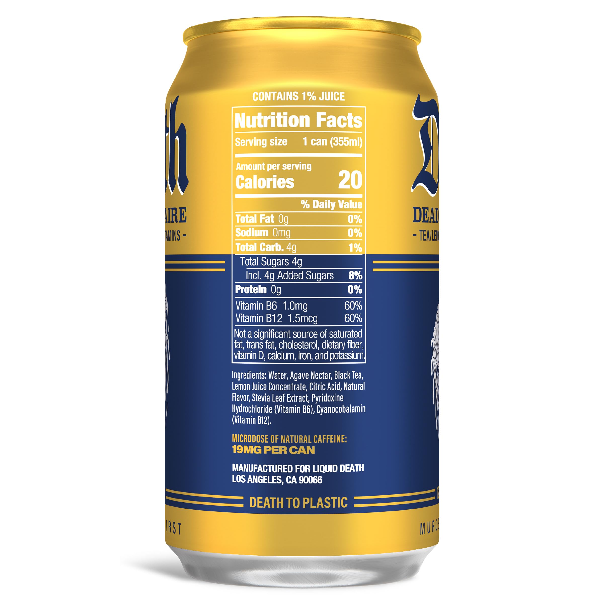 Liquid Death Dead Billionaire can label close-up with bold branding and color