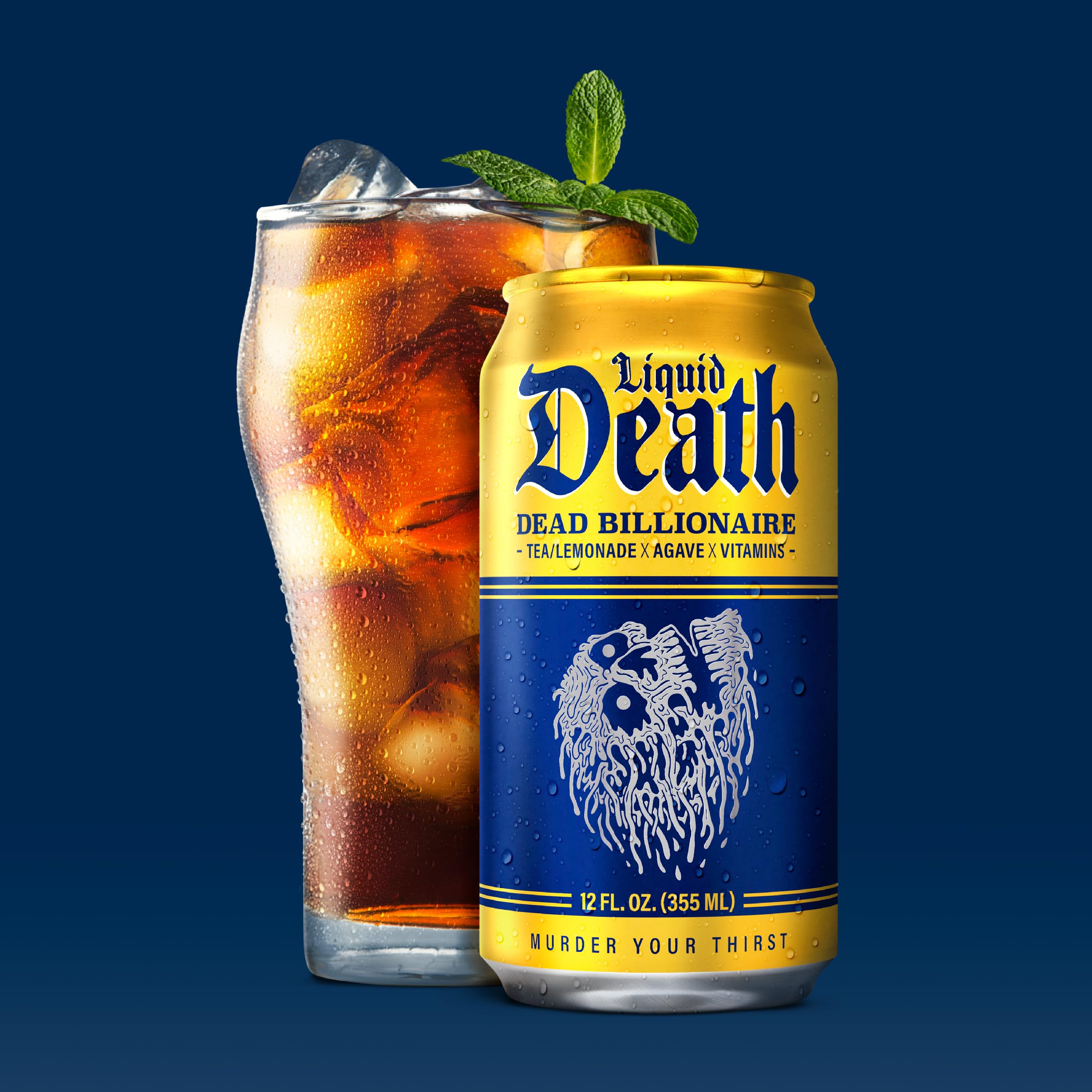 Liquid Death Dead Billionaire glass with iced tea, tasting notes and brightness