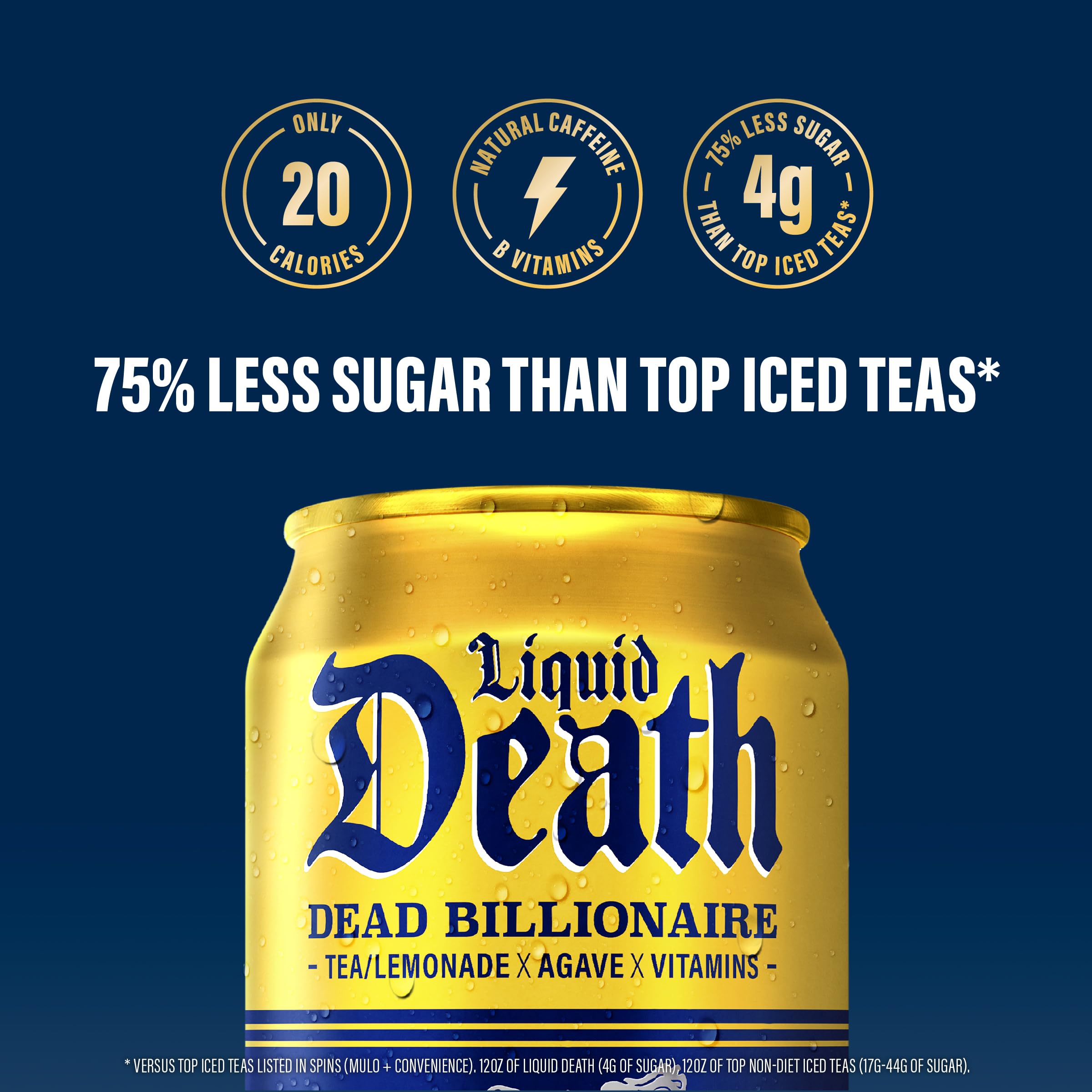 Liquid Death Dead Billionaire iced tea 12-pack in carton for storage