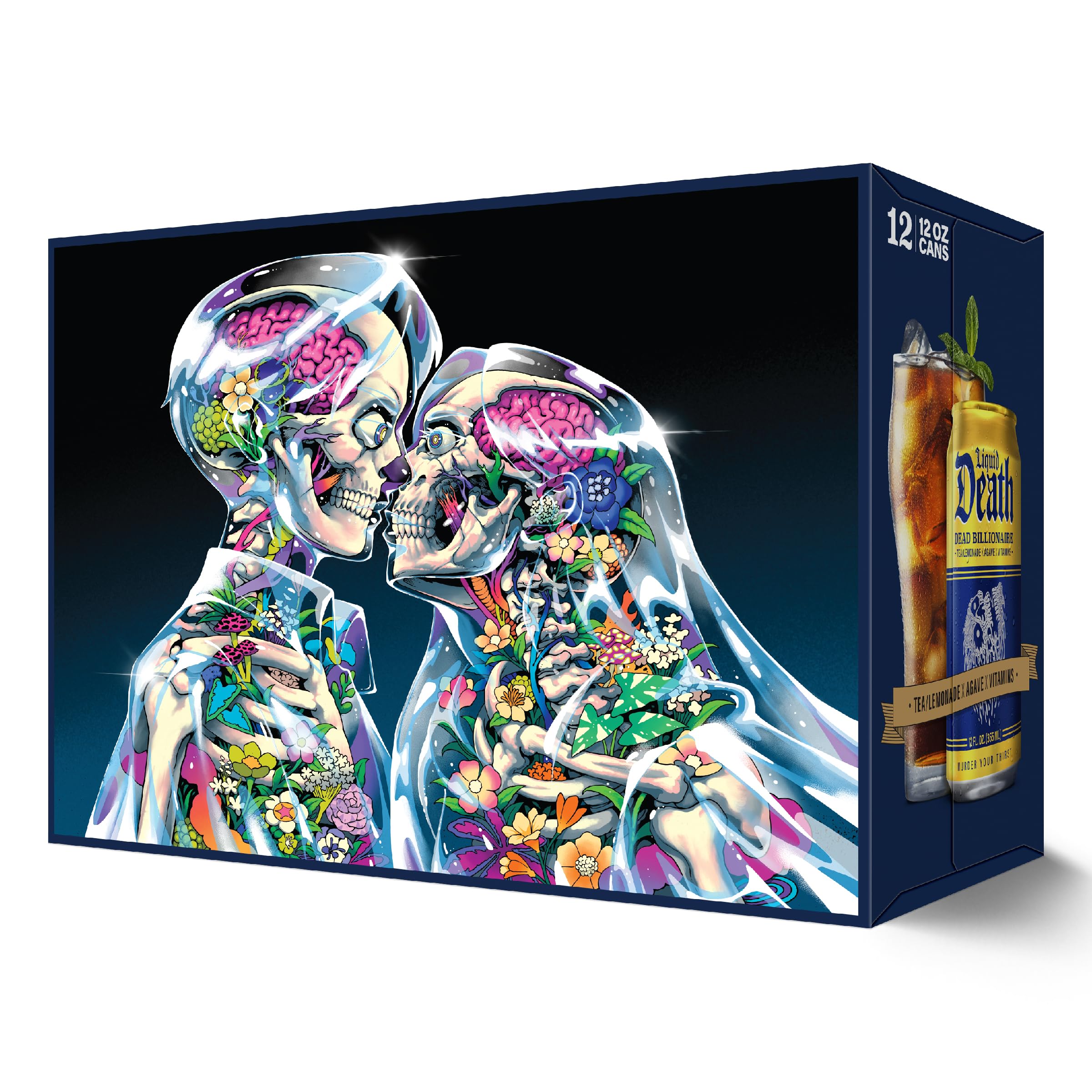 Liquid Death Dead Billionaire pantry stack, convenient 12-pack for home use