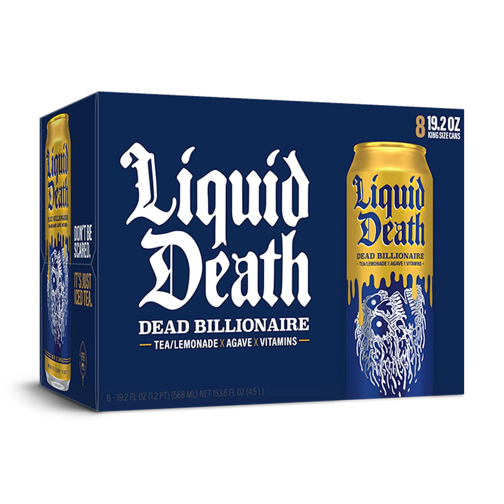 Liquid Death Dead Billionaire ingredient and vitamin panel showing B12 B6 and clean label benefit