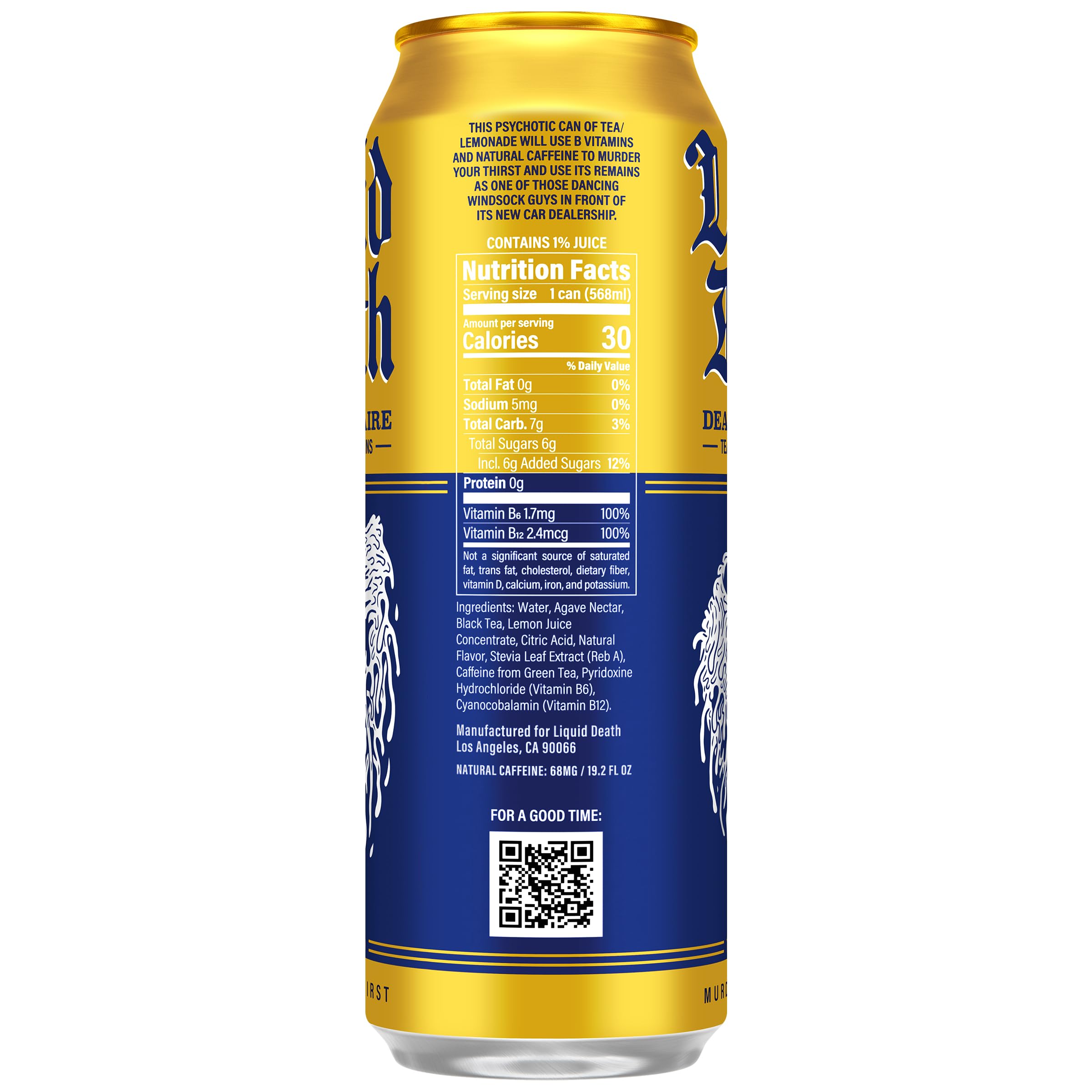 Liquid Death Dead Billionaire pouring from open can into glass, illustrating vibrant flavor