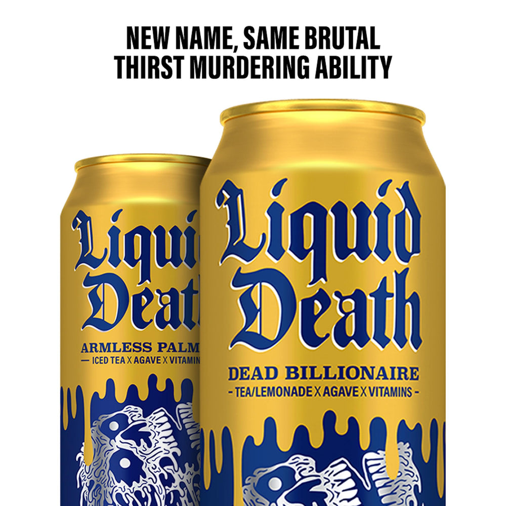 Liquid Death Dead Billionaire held in hand for scale showing large 19.2oz portion advantage