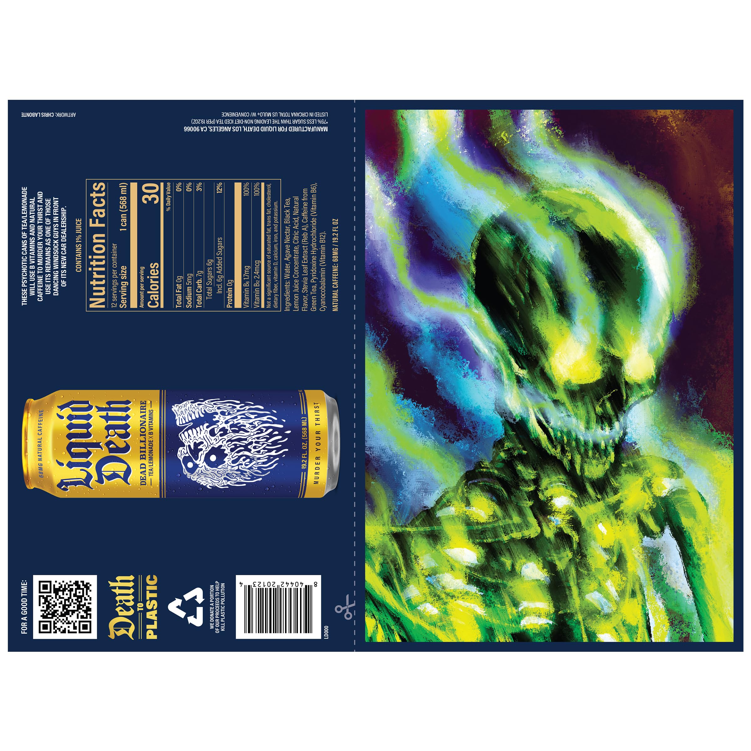 Liquid Death Dead Billionaire on a beach towel in a lifestyle scene, conveying portable hydration