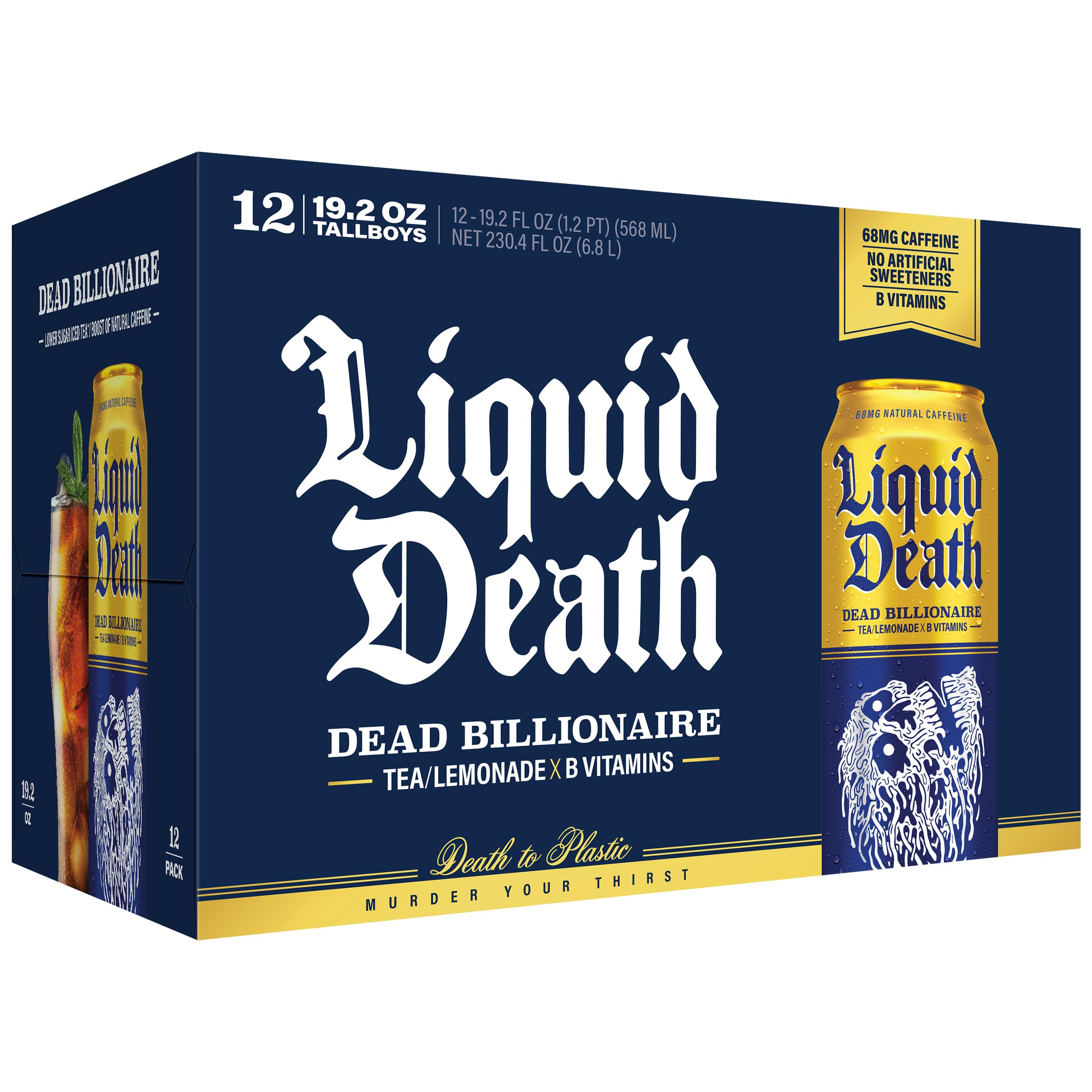 Liquid Death Dead Billionaire can beside a smartphone for size comparison, showing king-size convenience
