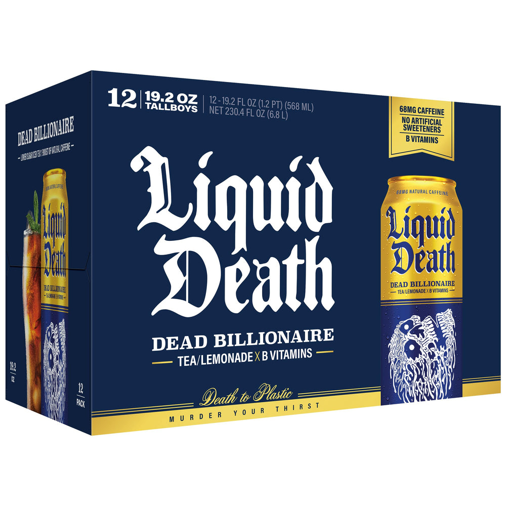 Liquid Death Dead Billionaire can beside a smartphone for size comparison, showing king-size convenience