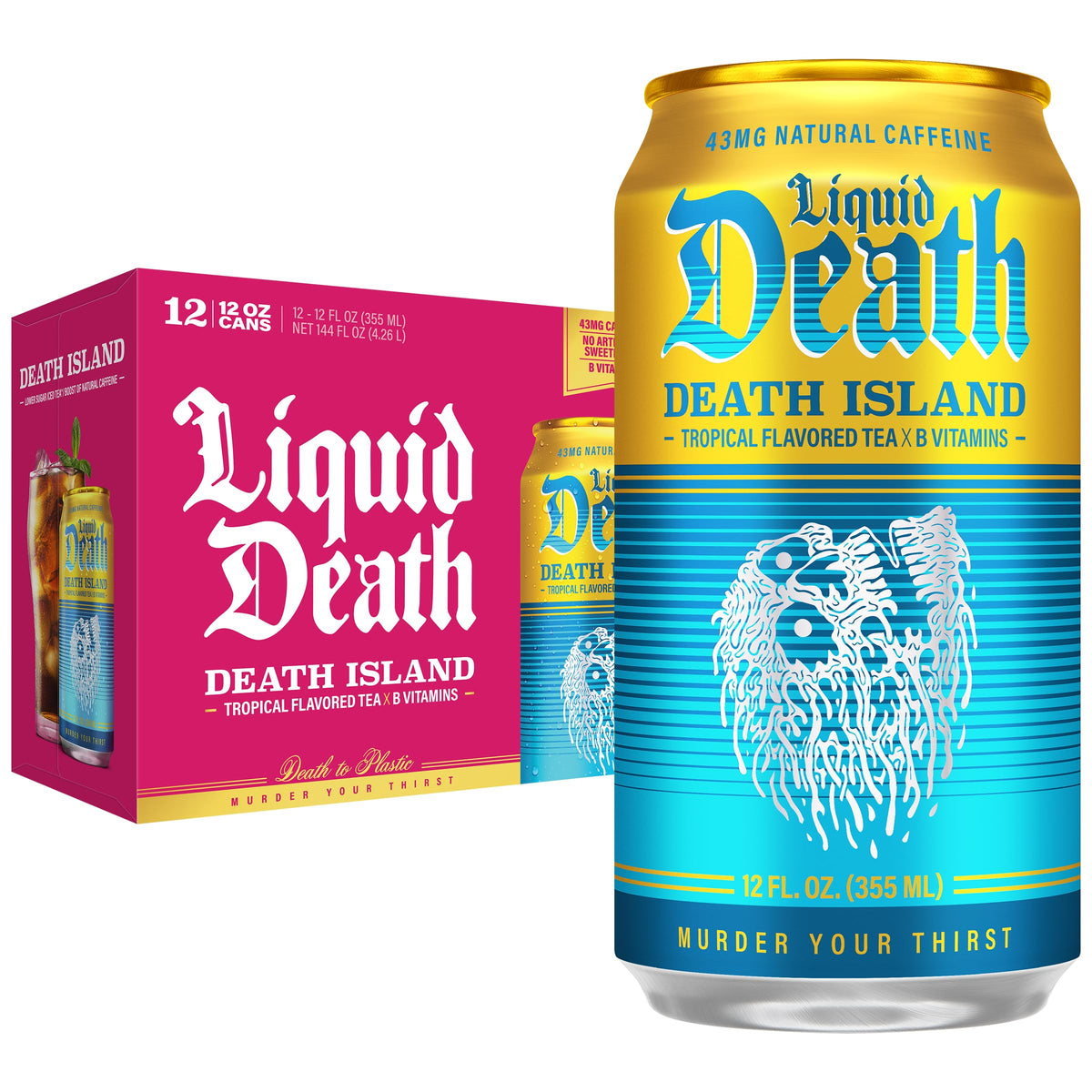 Liquid Death Death Island front can showing tropical black tea and low sugar benefits