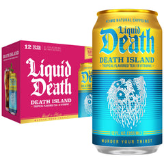 Liquid Death Death Island front can showing tropical black tea and low sugar benefits