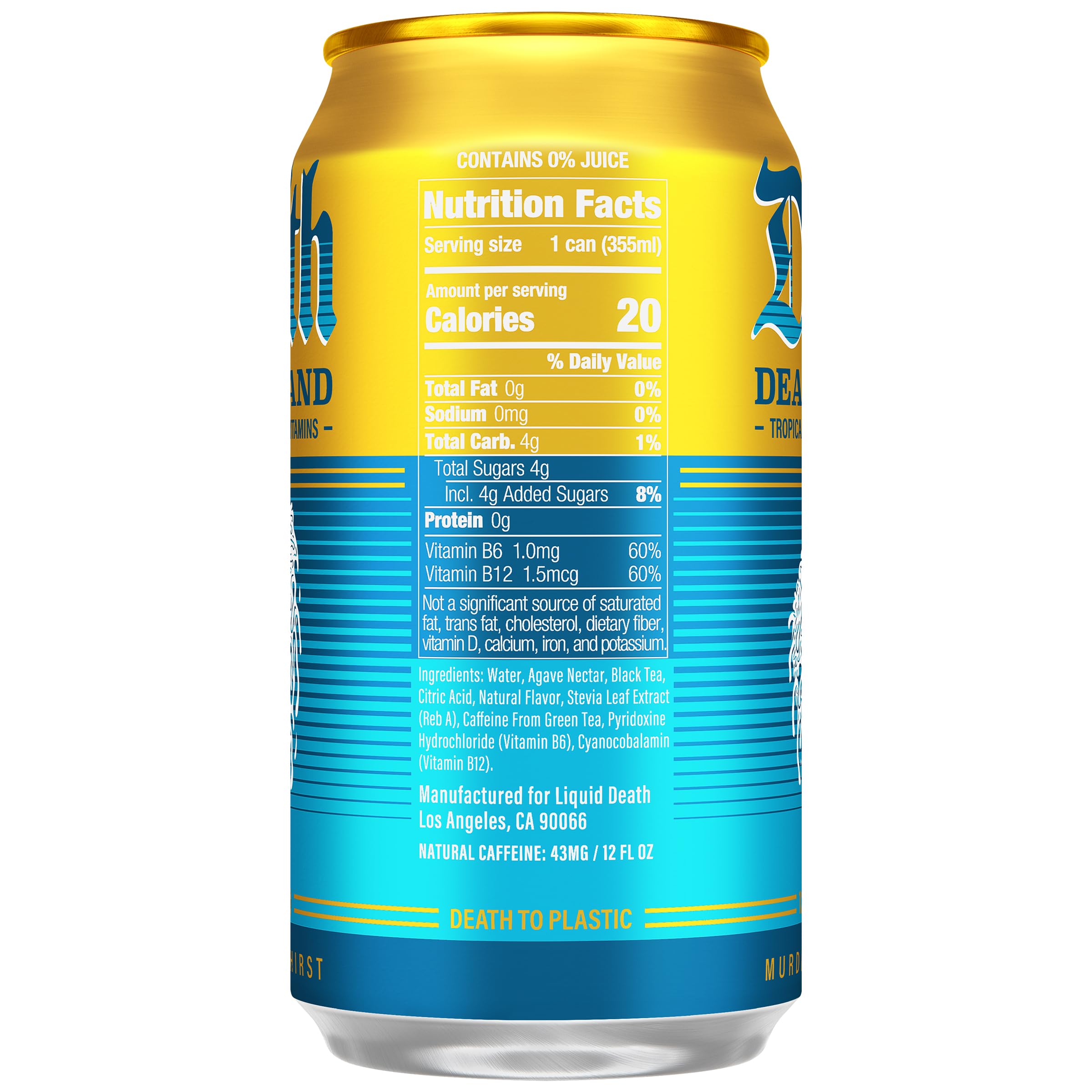 Liquid Death Death Island open can being poured to show color and refreshing pour