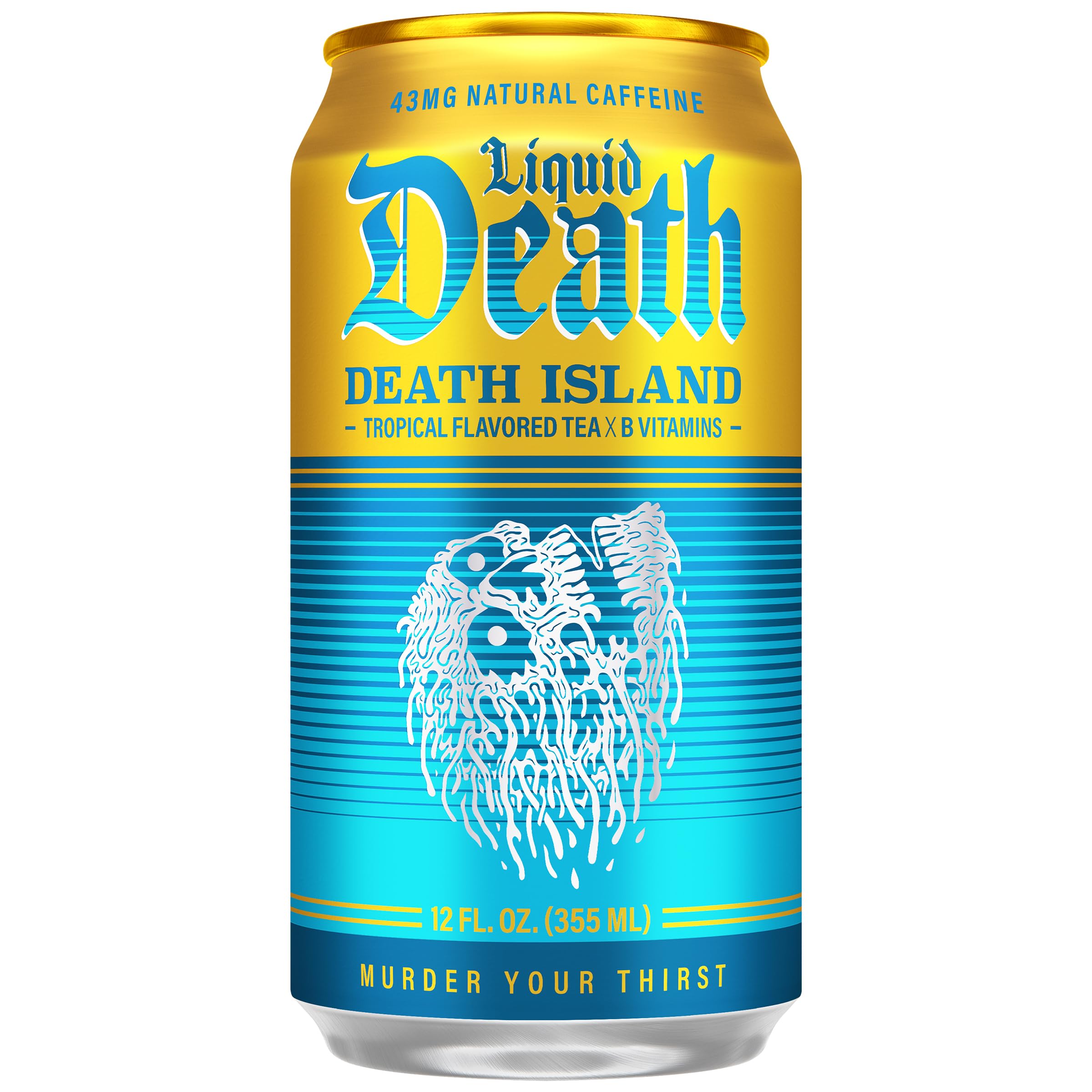 Liquid Death Death Island side label close-up highlighting B vitamins and caffeine boost