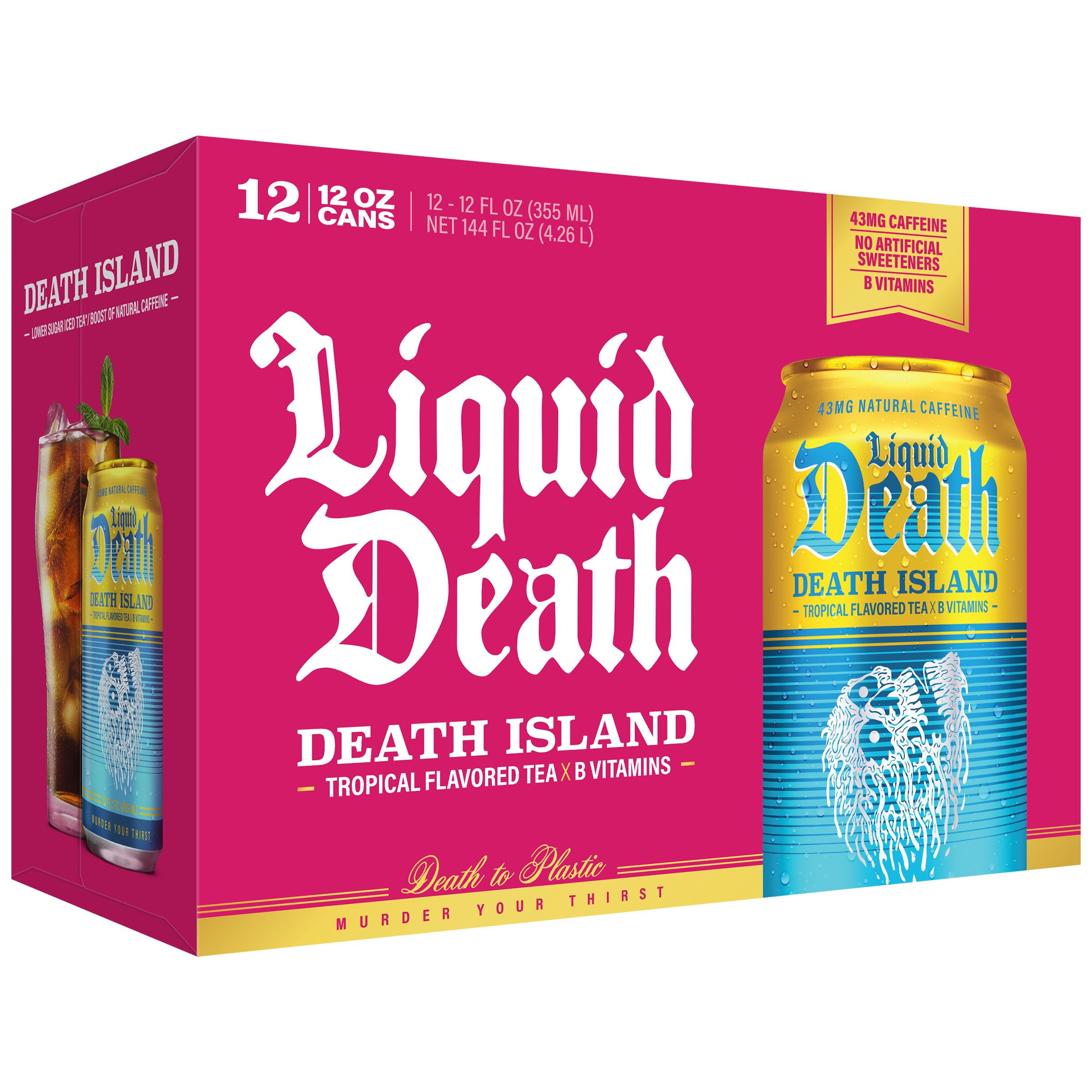 Liquid Death Death Island 12-pack stacked demonstrating convenient bulk supply and recycling