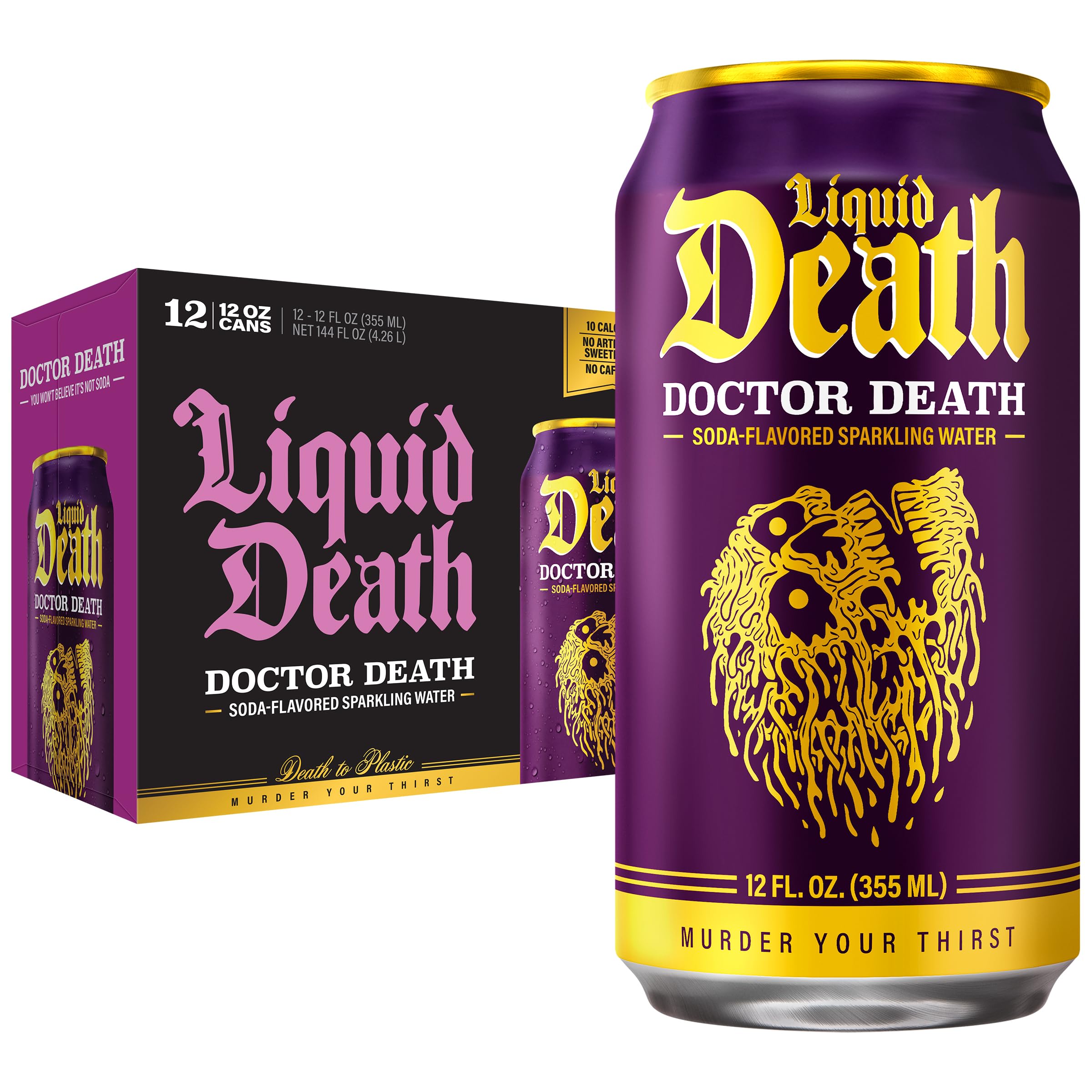 Liquid Death Doctor Death cherry cans for bold, low-sugar flavor.