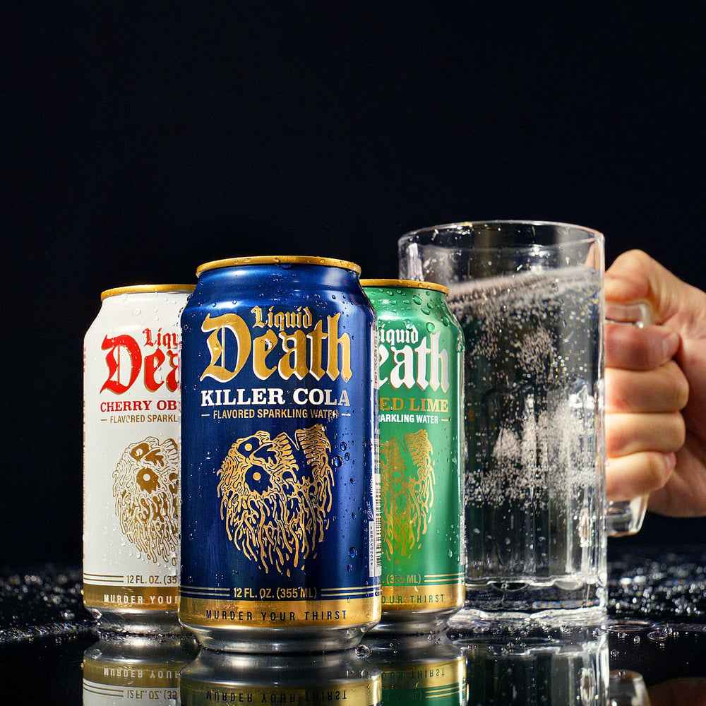 12-pack cans of Liquid Death Doctor Death ready for events and gatherings.