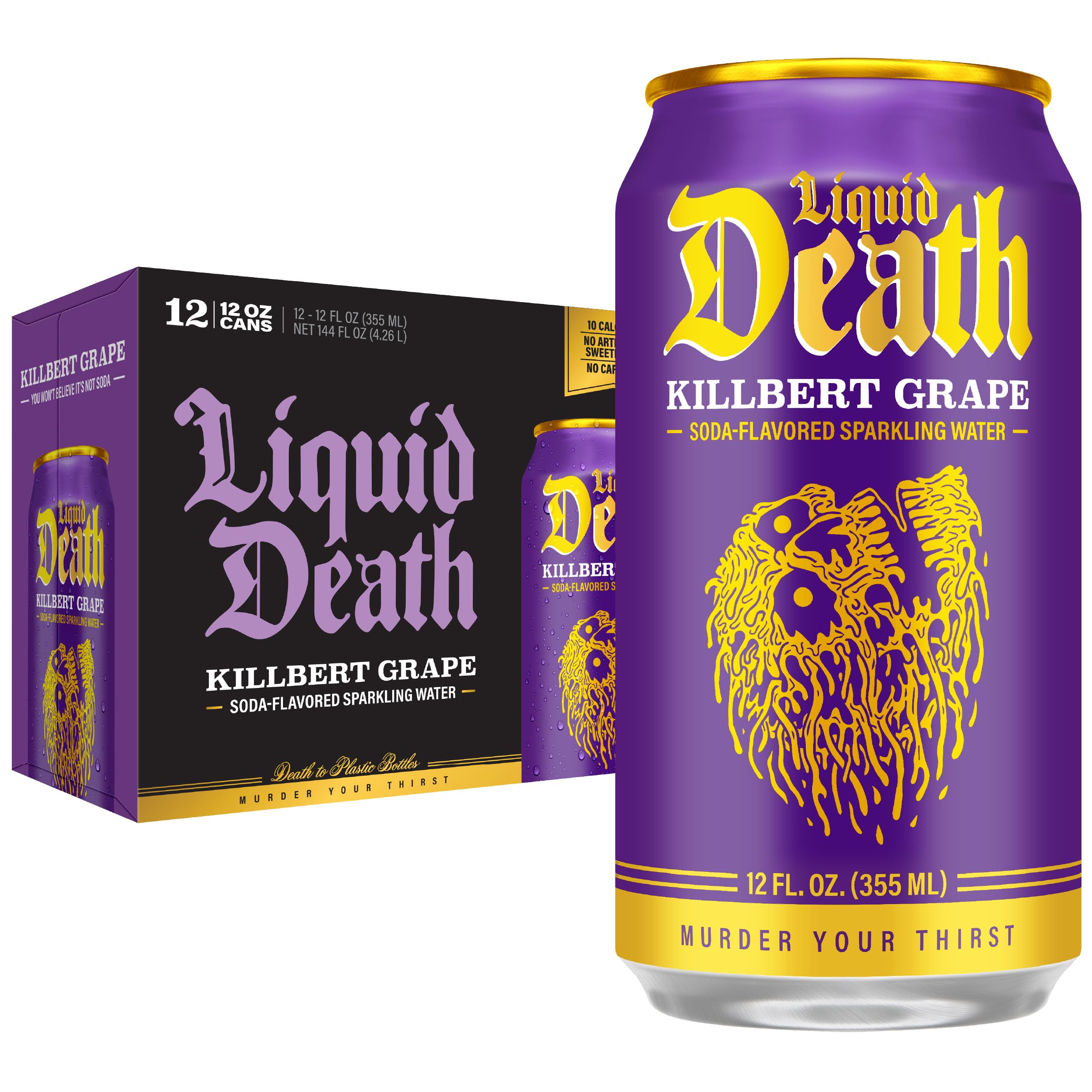 Liquid Death front can showing Killbert Grape branding and bold design benefit: eye-catching shelf presence