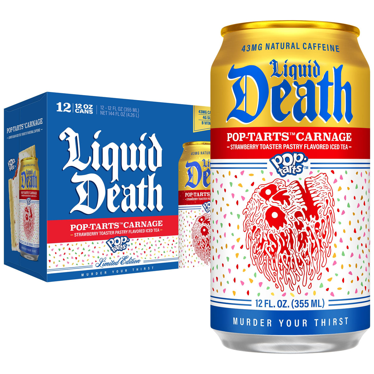Liquid Death front can showing Pop-Tarts Carnage flavor and bold look