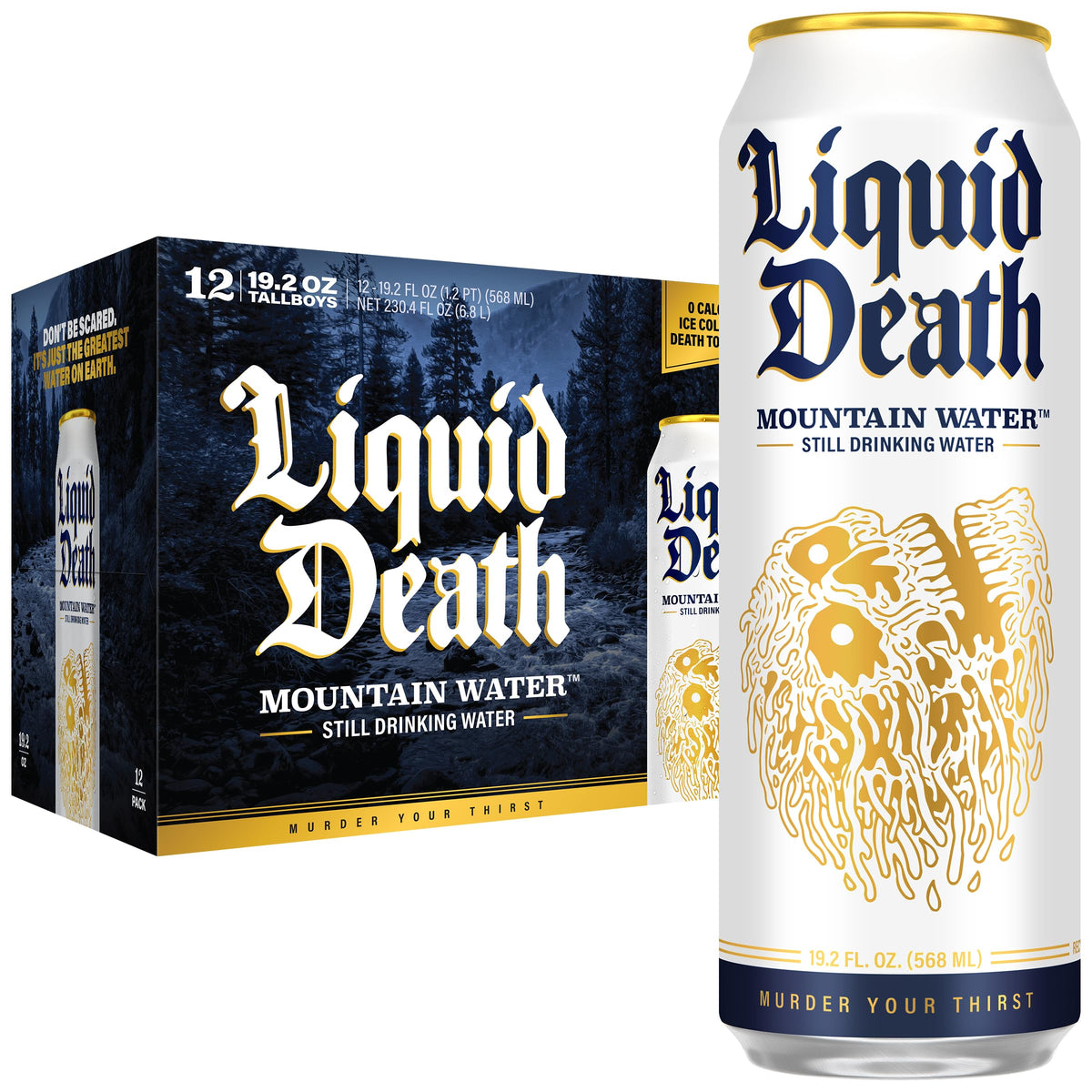Liquid Death front 12-pack showing cans and recyclable packaging benefit