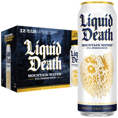 Liquid Death front 12-pack showing cans and recyclable packaging benefit
