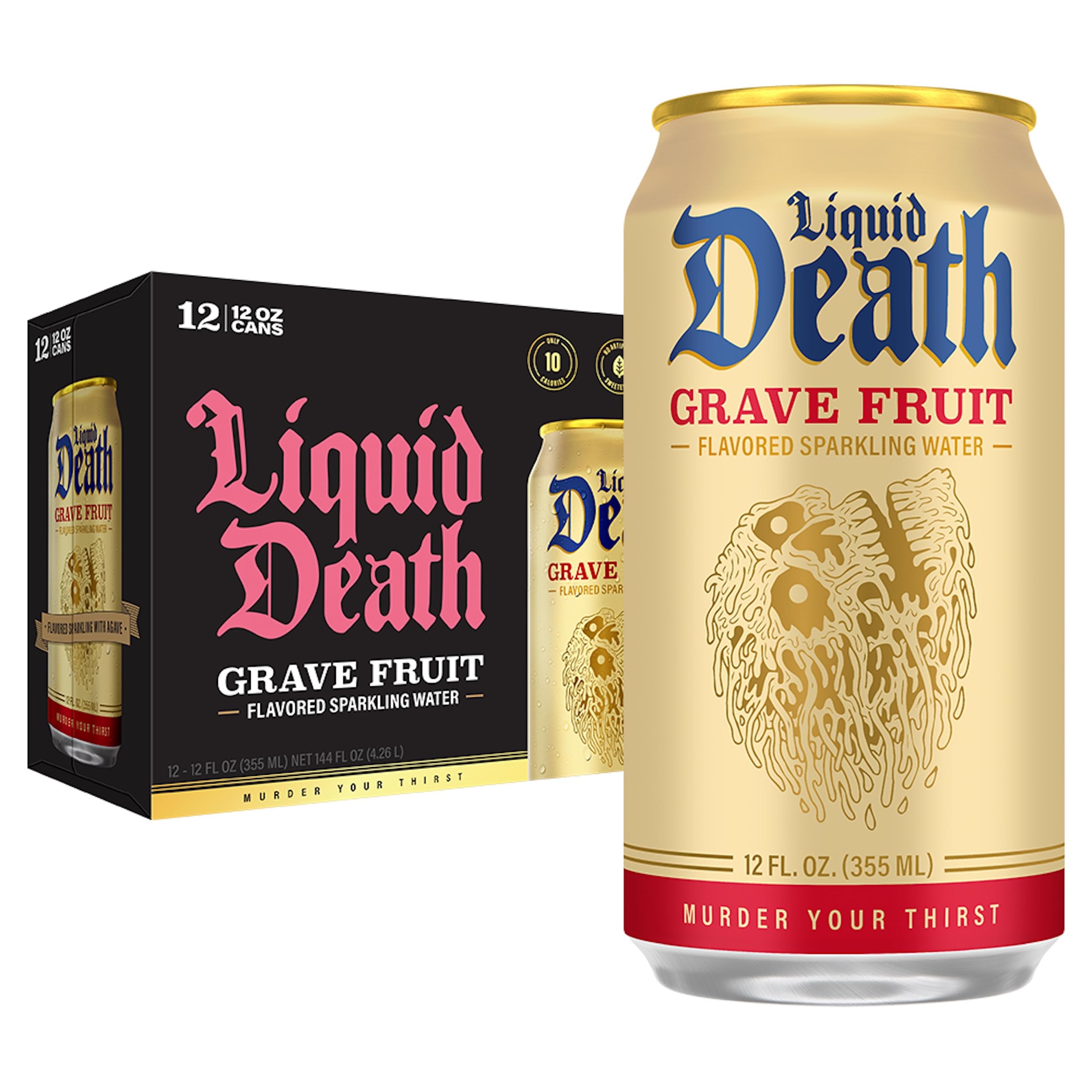 Liquid Death Grave Fruit bottle being poured for a refreshing, low-sugar option.