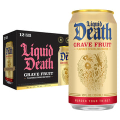Liquid Death Grave Fruit bottle being poured for a refreshing, low-sugar option.