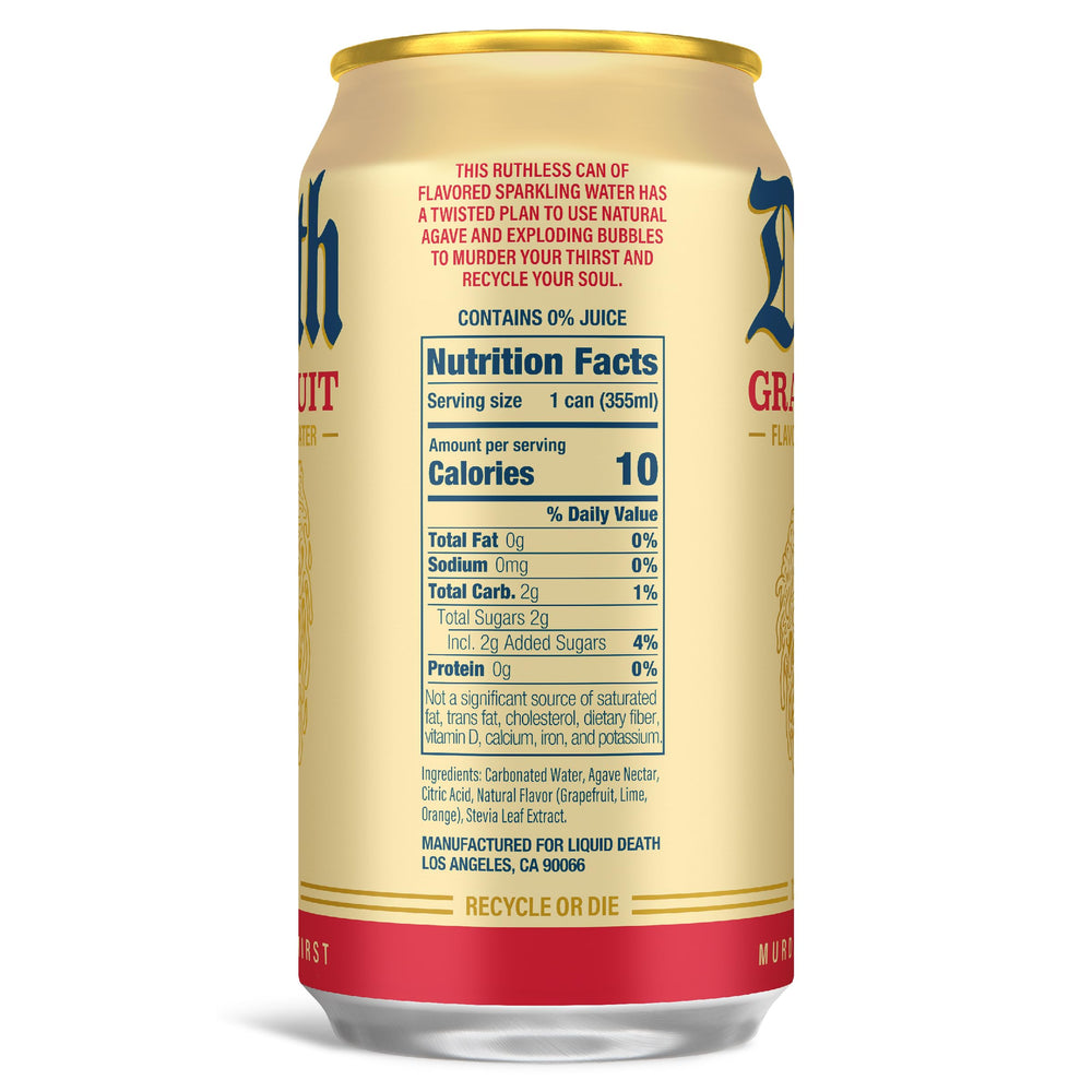 Liquid Death Grave Fruit can close-up highlighting grapefruit flavor and no artificial sweeteners.
