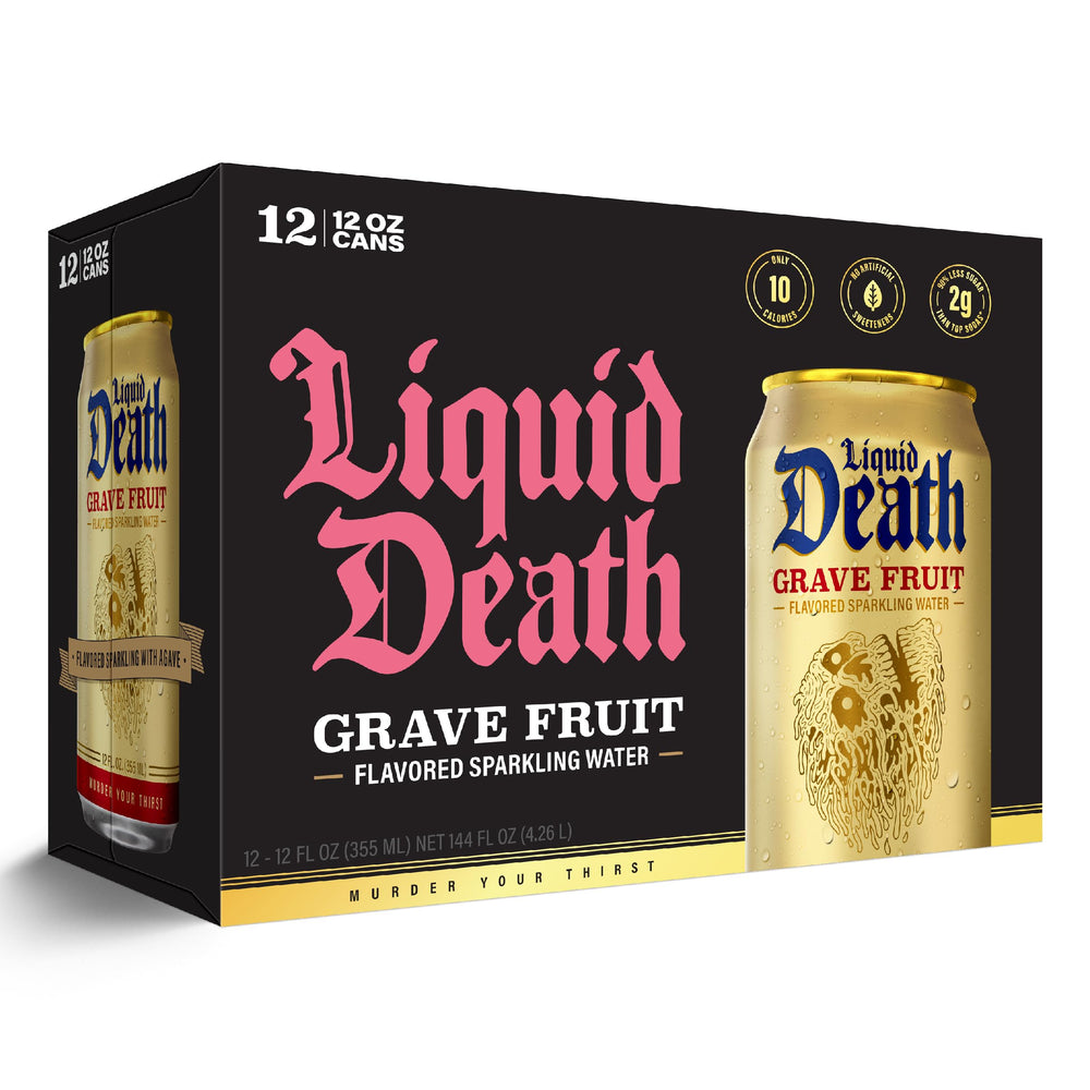 Liquid Death Grave Fruit cans on bar counter with condensation for casual entertaining.