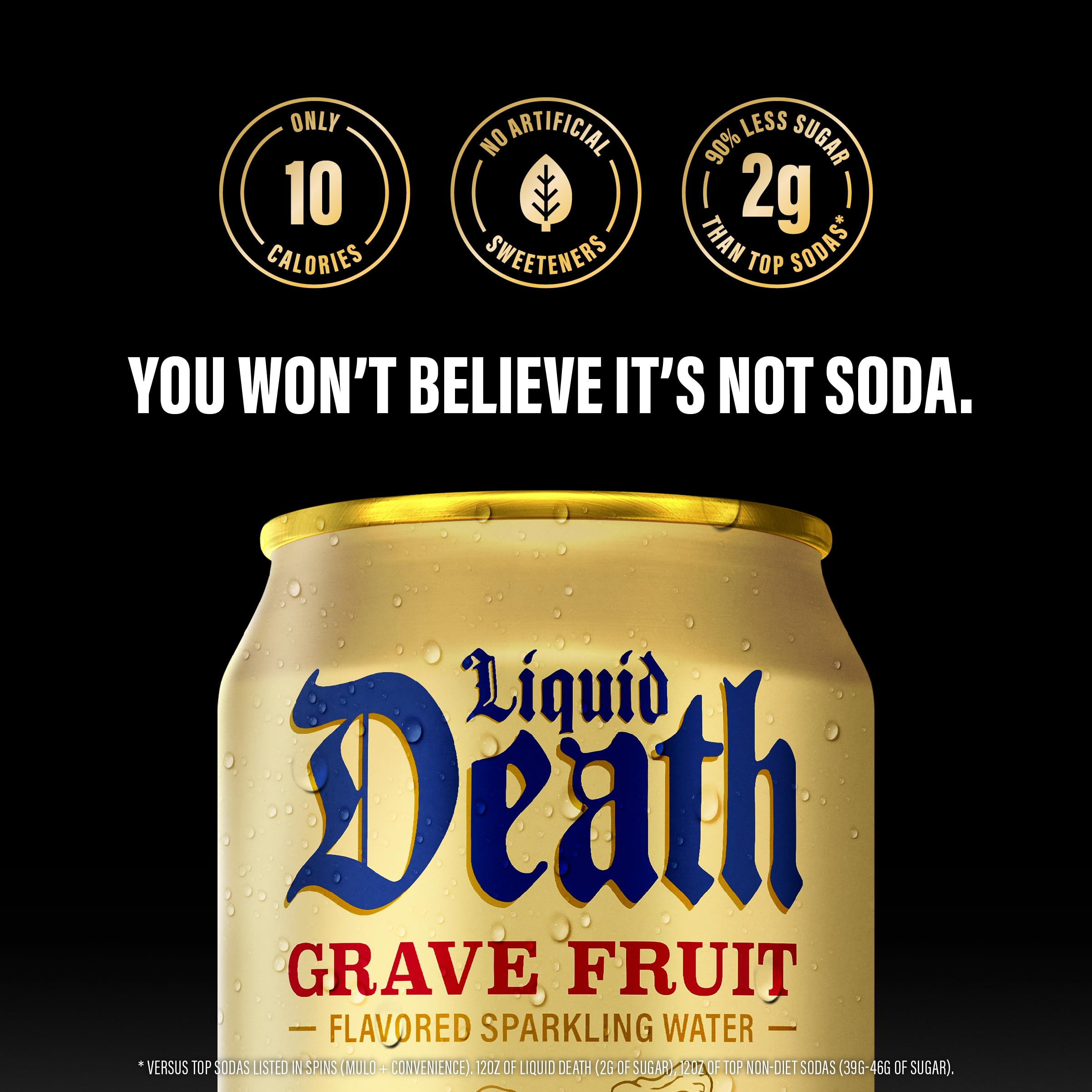Close view of Grave Fruit label with no caffeine and 2g sugar claim.
