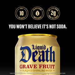 Close view of Grave Fruit label with no caffeine and 2g sugar claim.