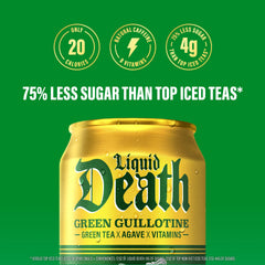 Liquid Death Green Guillotine B vitamins label communicates daily vitality support.