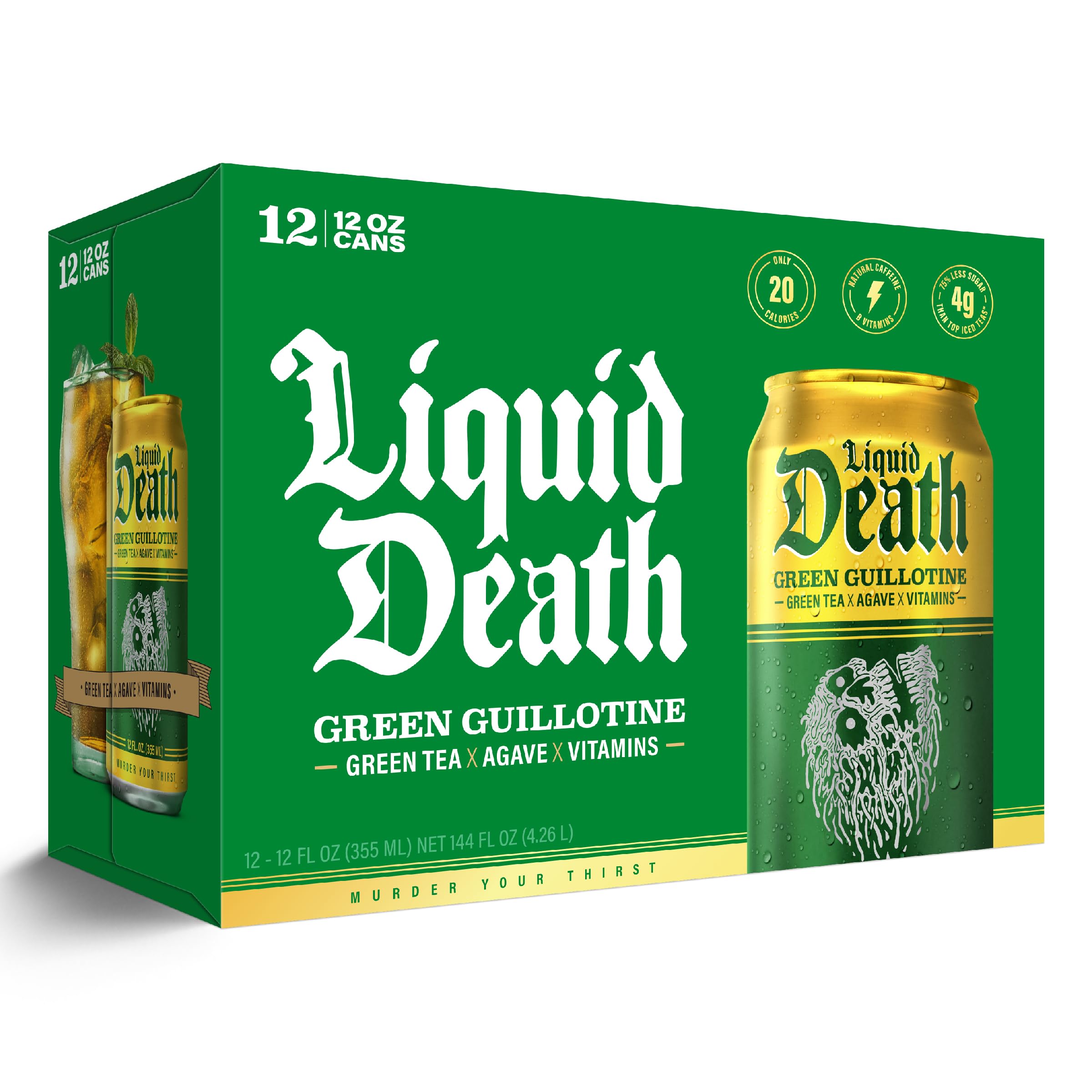 Liquid Death Green Guillotine traditional green tea flavor on ingredient label.